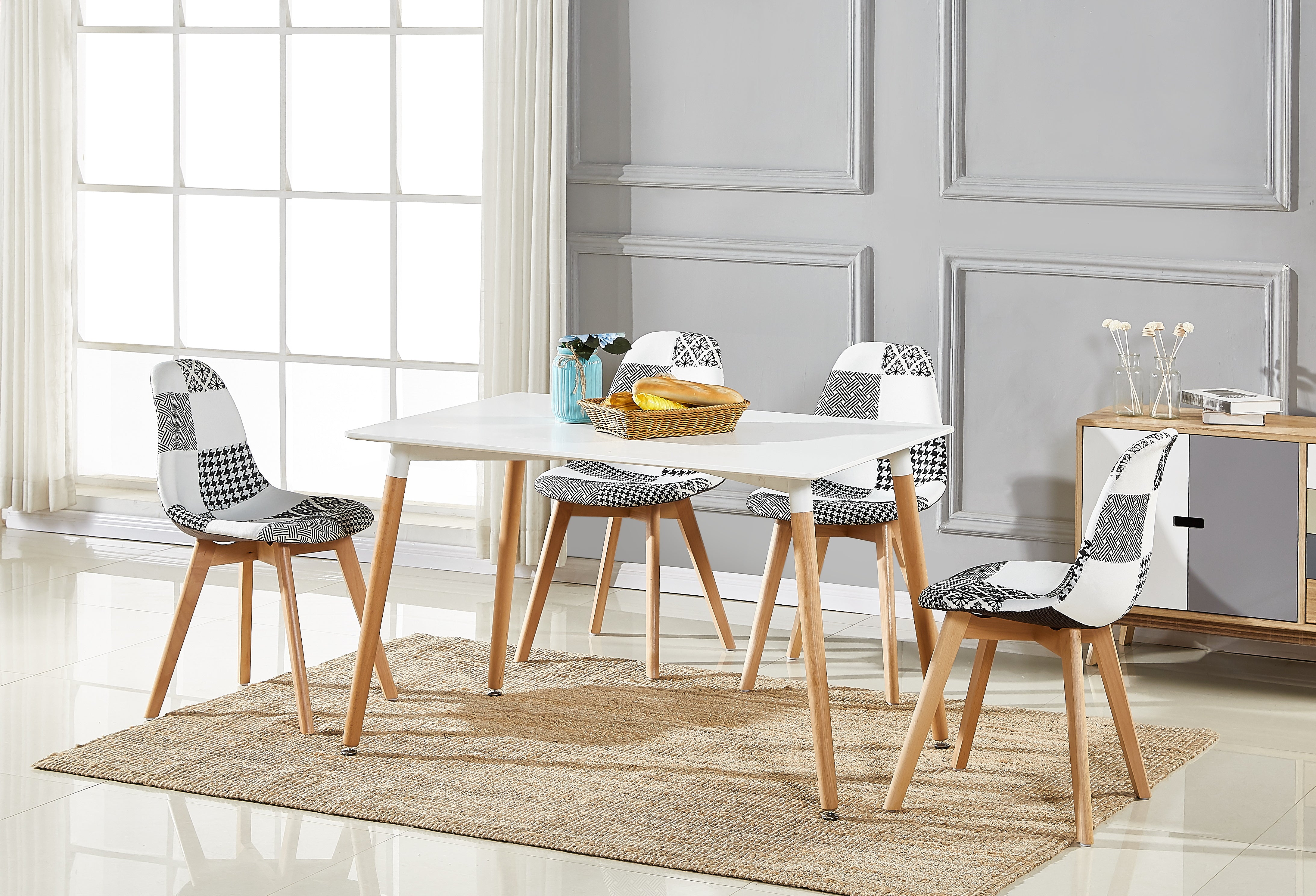 Patchwork Fabric Chair with Wooden Legs - Black and White - PN Home