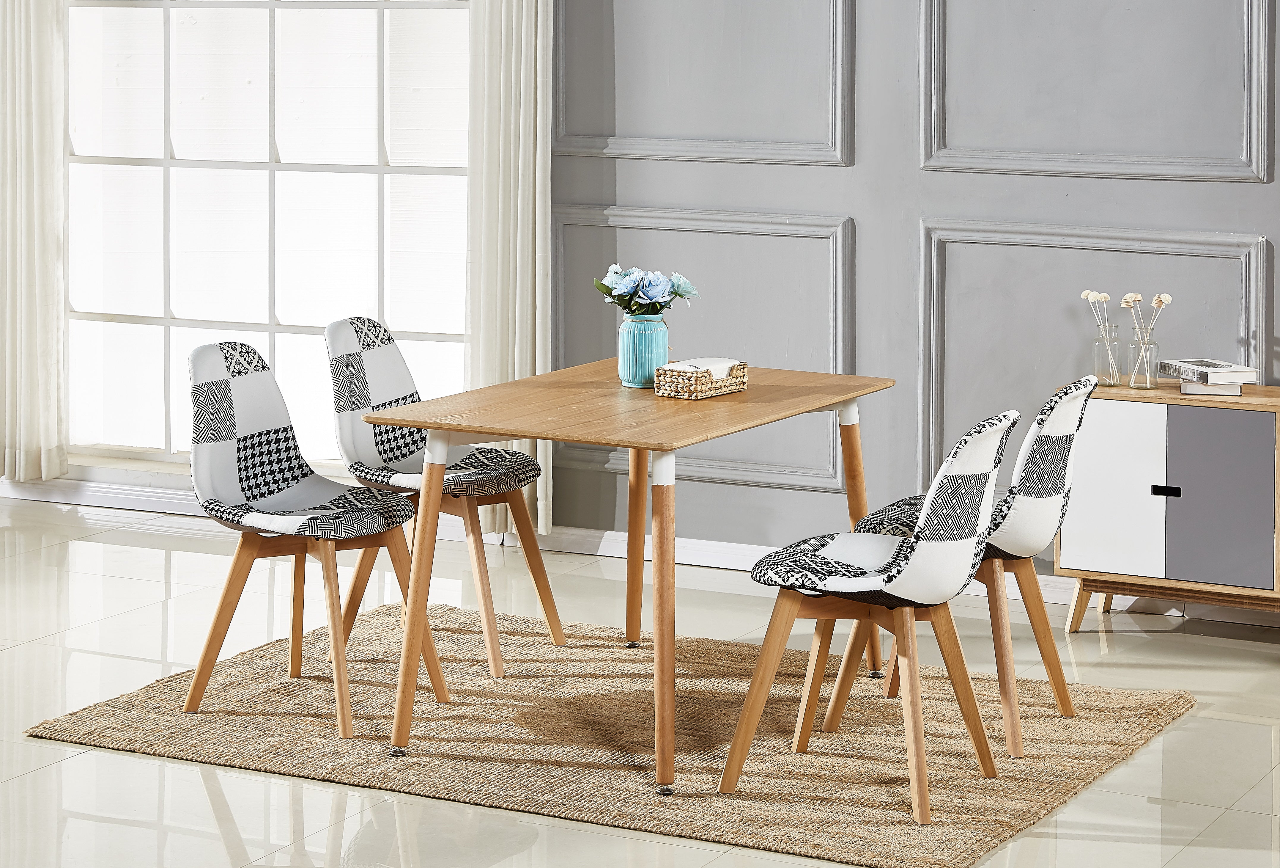 Patchwork Fabric Chair with Wooden Legs - Black and White - PN Home