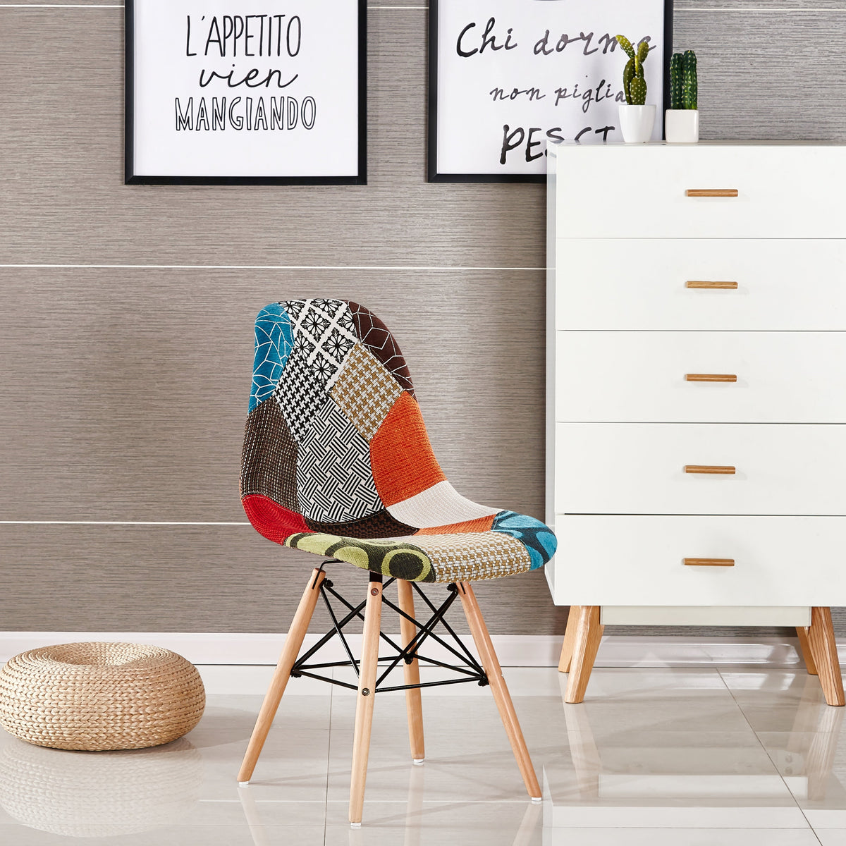Patchwork Tulip Fabric Dining Chair w Wooden Legs & Metal Frame
