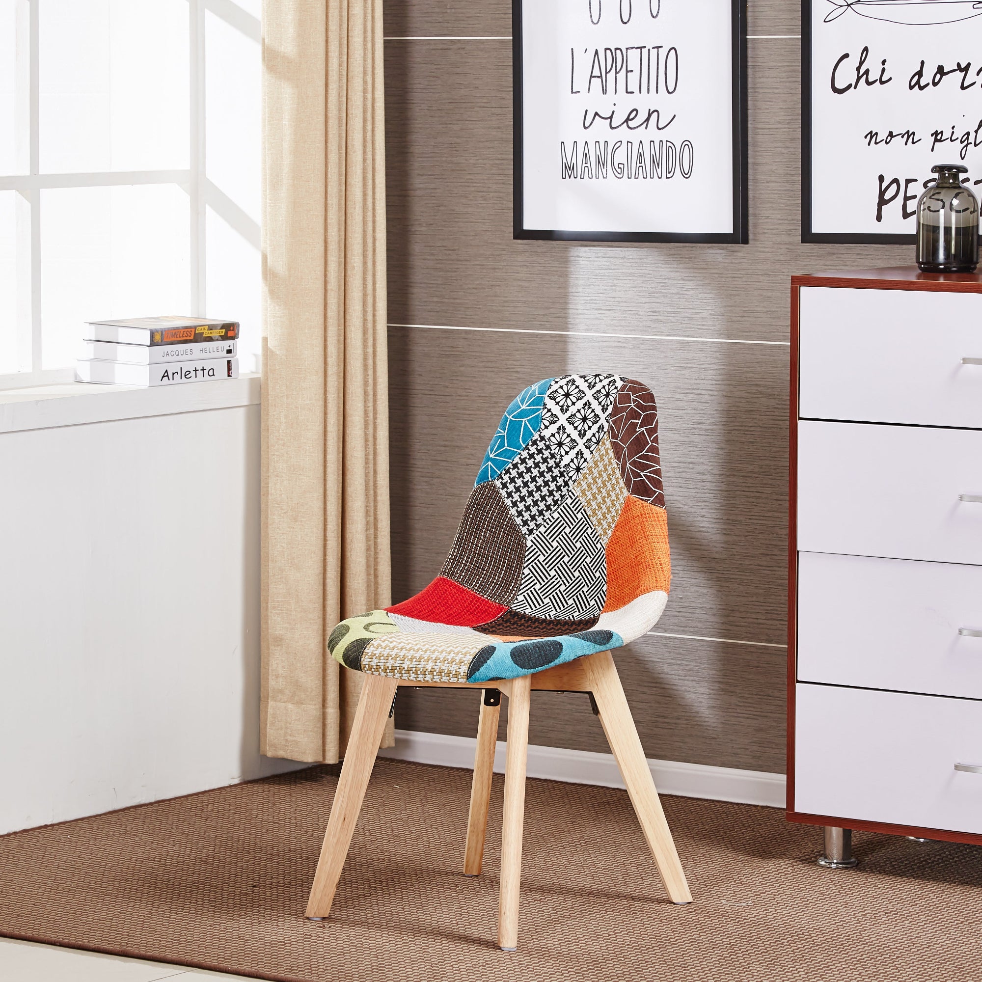 Patchwork Fabric Chair with Wooden Legs - Multicoloured - PN Home