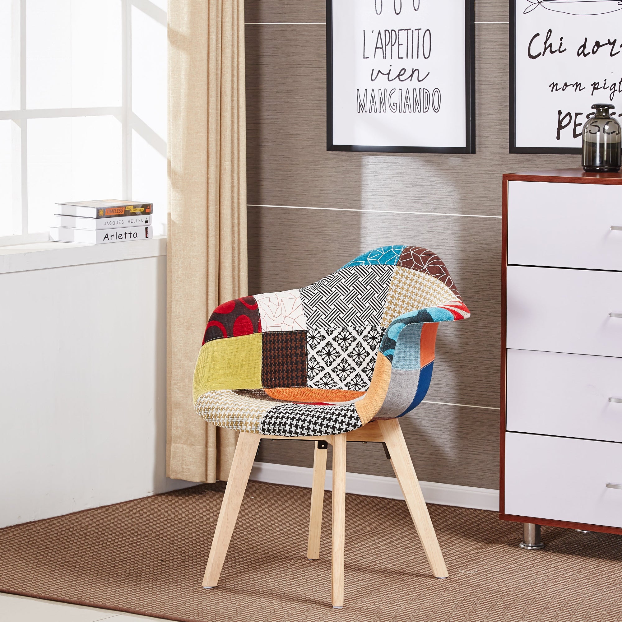 Patchwork Tub Chair with Armrests – Stylish Fabric Dining Chair Multicolored - PN Home