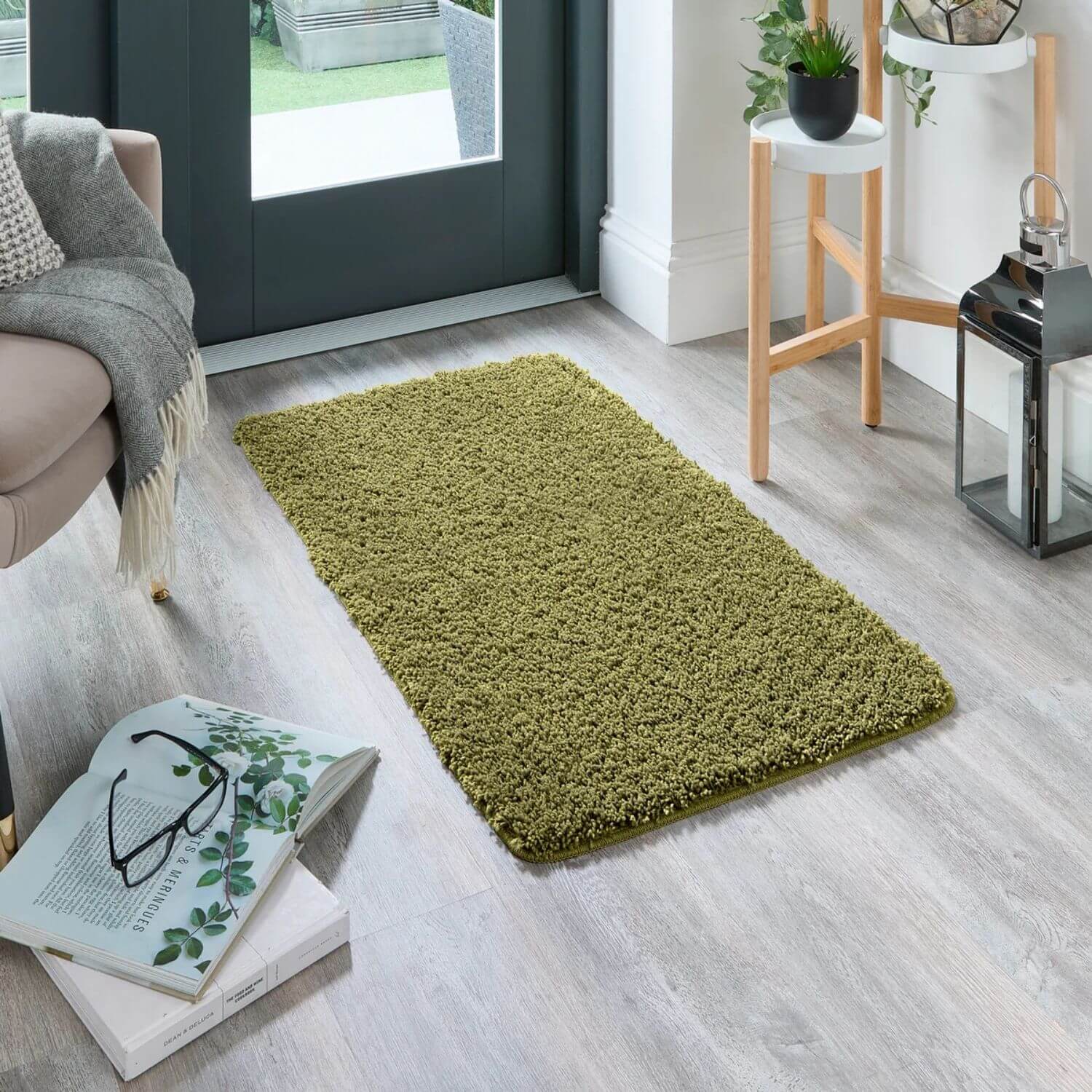 Washable Olive Green Shaggy Rug - PN Home