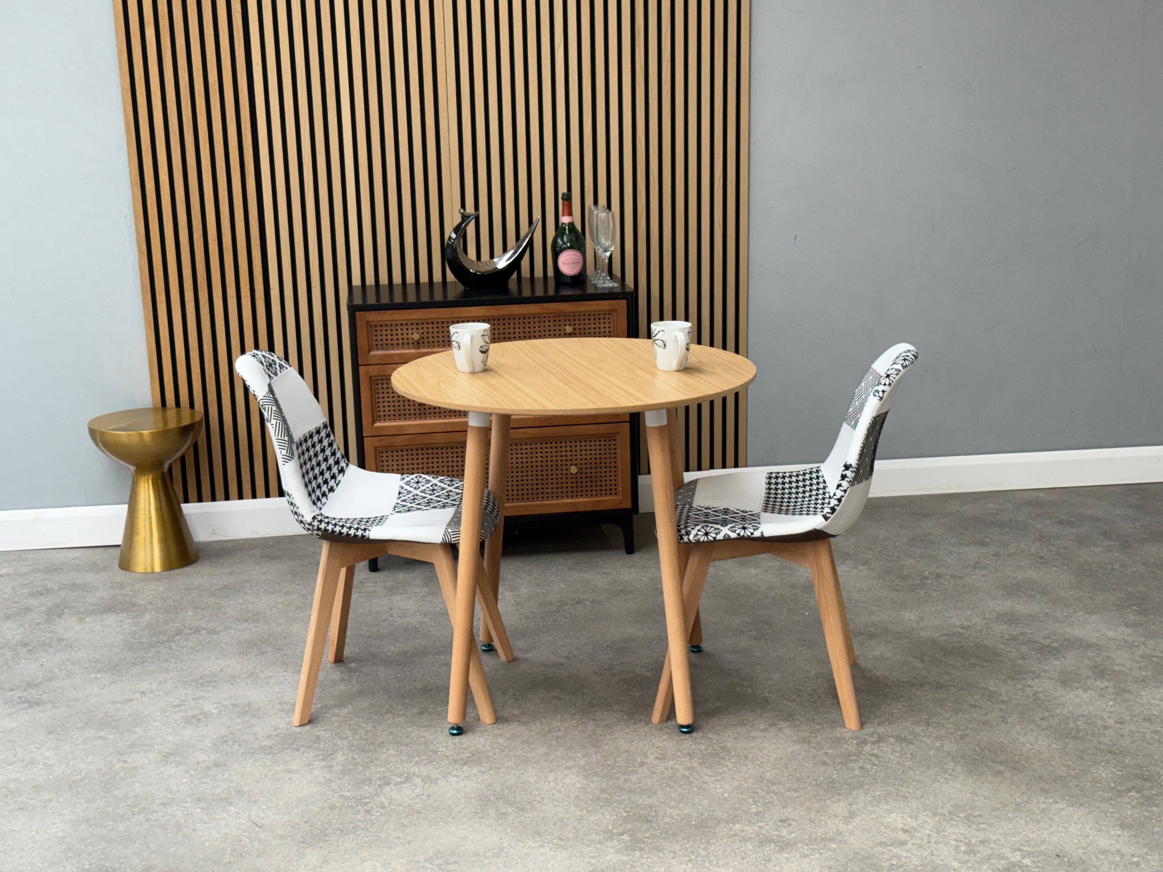 Patchwork Fabric Chair with Wooden Legs - Black and White - PN Home