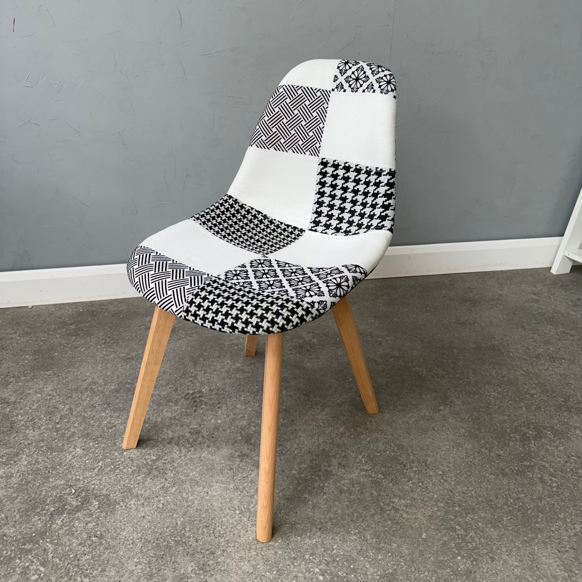 Patchwork Fabric Chair with Wooden Legs - Black and White - PN Home