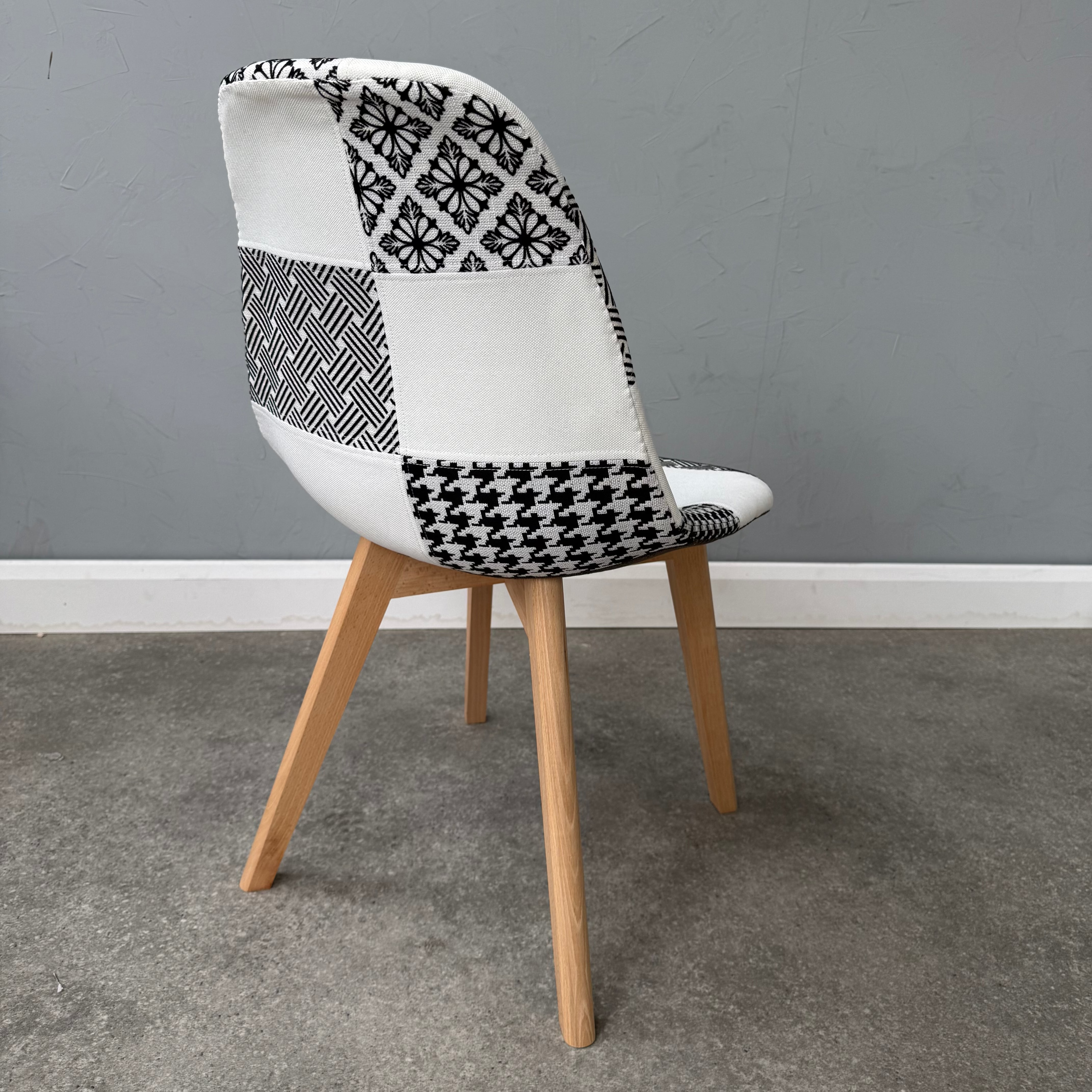 Patchwork Fabric Chair with Wooden Legs - Black and White - PN Home