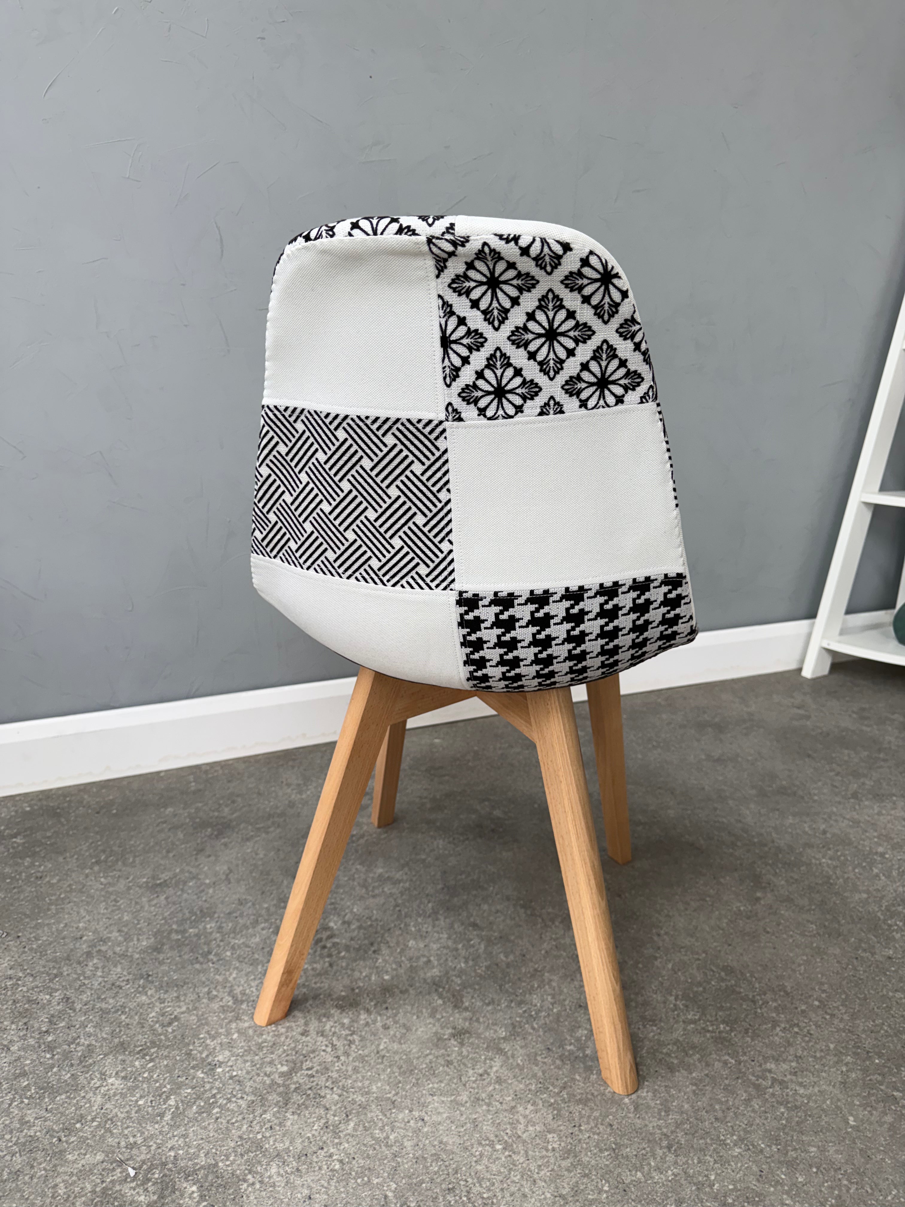 Patchwork Fabric Chair with Wooden Legs - Black and White - PN Home