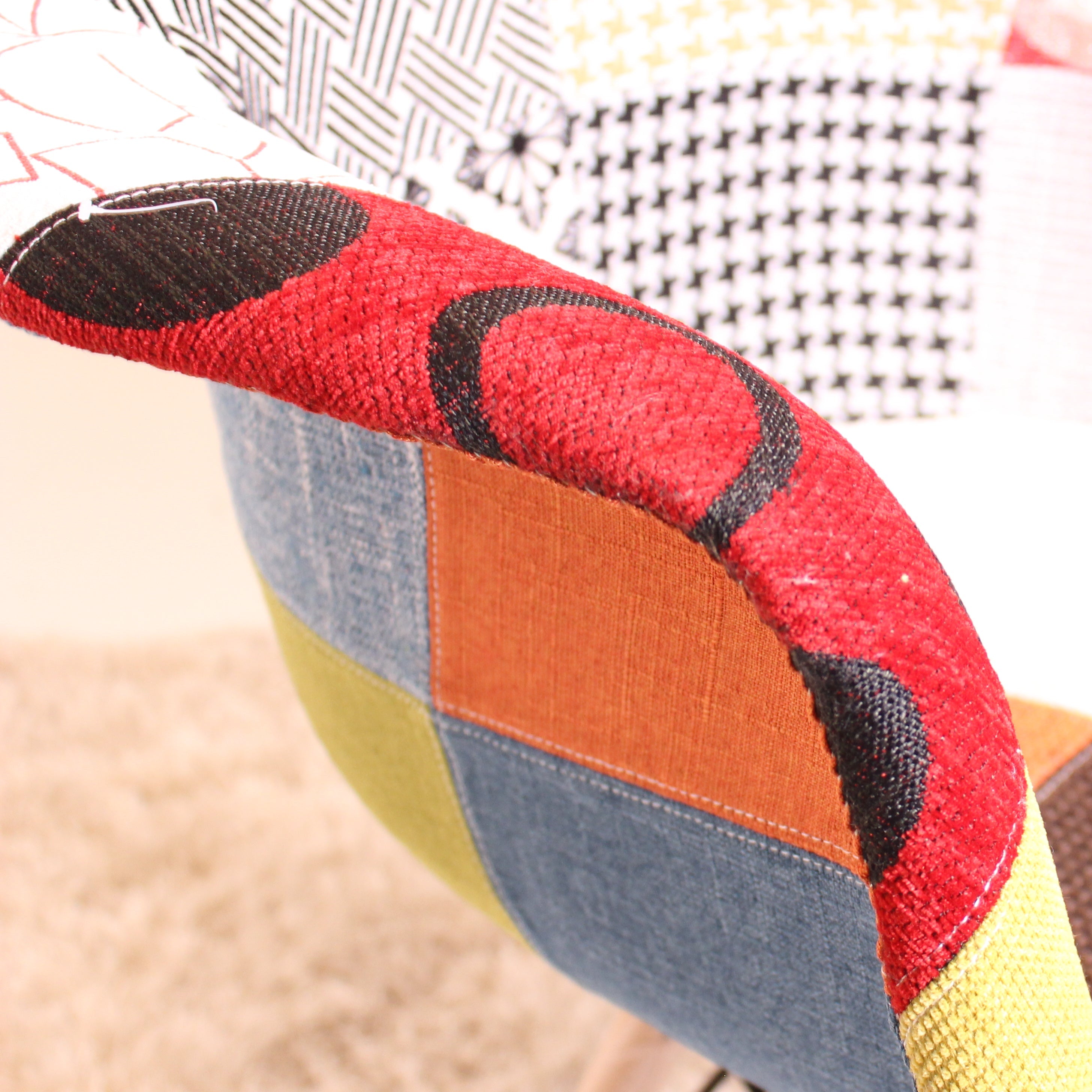 Patchwork Eiffel Tub Chair Fabric Upholstery - Wooden Legs with Metal Frame - PN Home