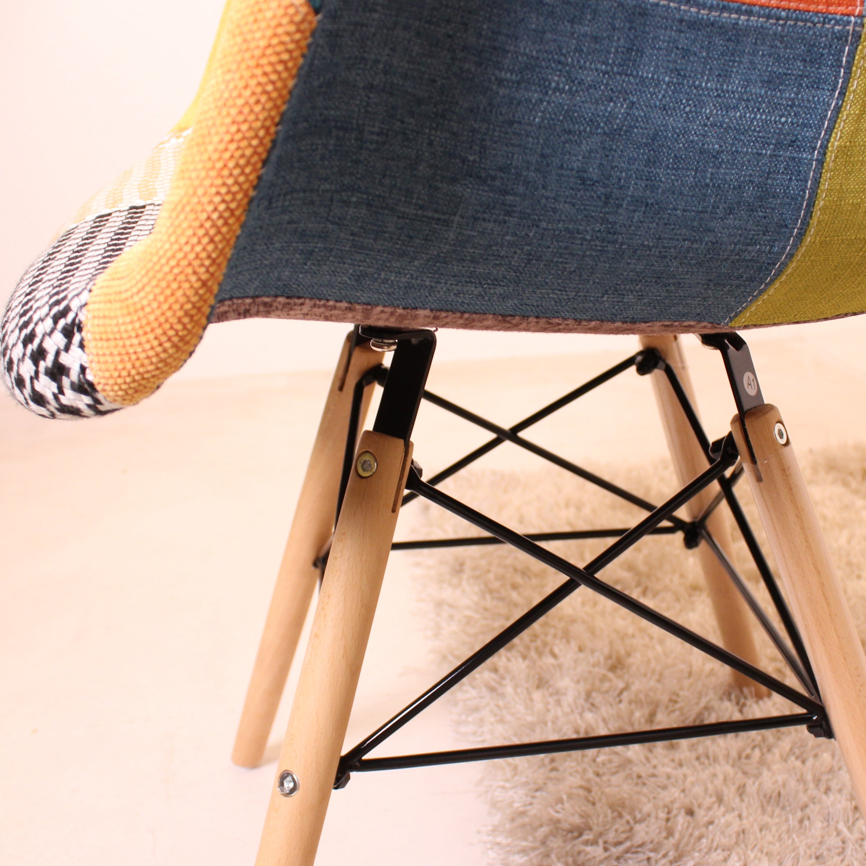 Patchwork Eiffel Tub Chair Fabric Upholstery - Wooden Legs with Metal Frame - PN Home