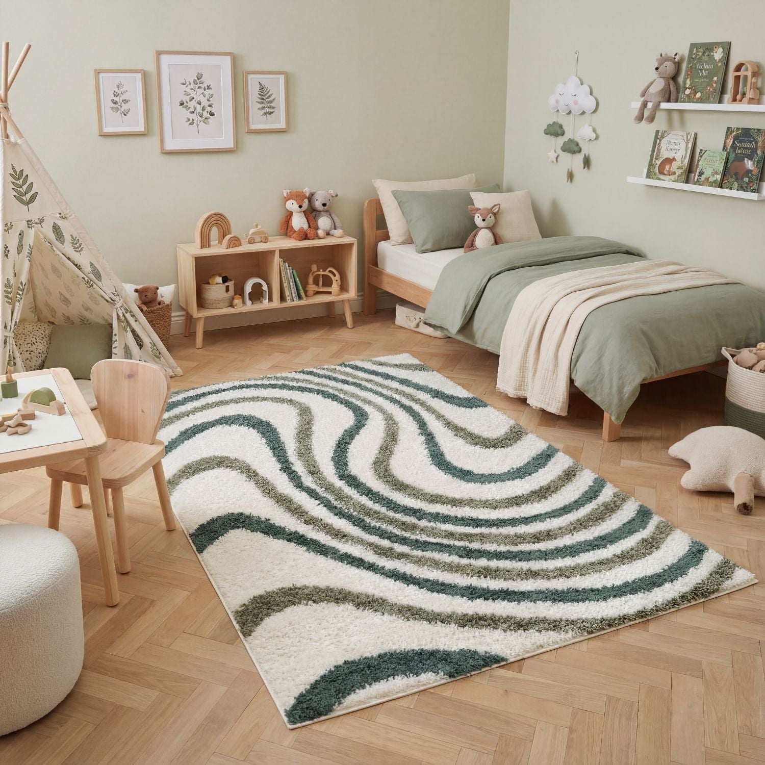 Moodi Shaggy Green Rippletide Rug - PN Home