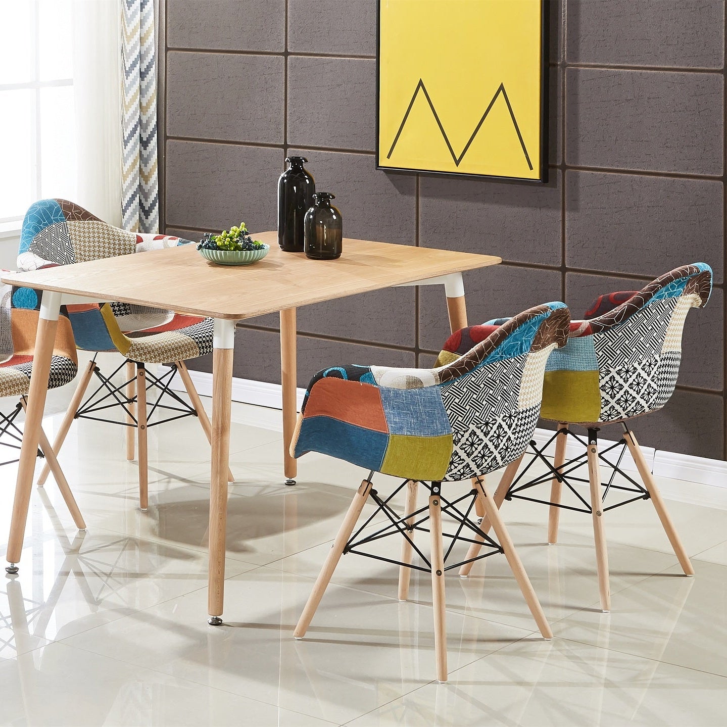 Patchwork Eiffel Tub Chair Fabric Upholstery - Wooden Legs with Metal Frame - PN Home
