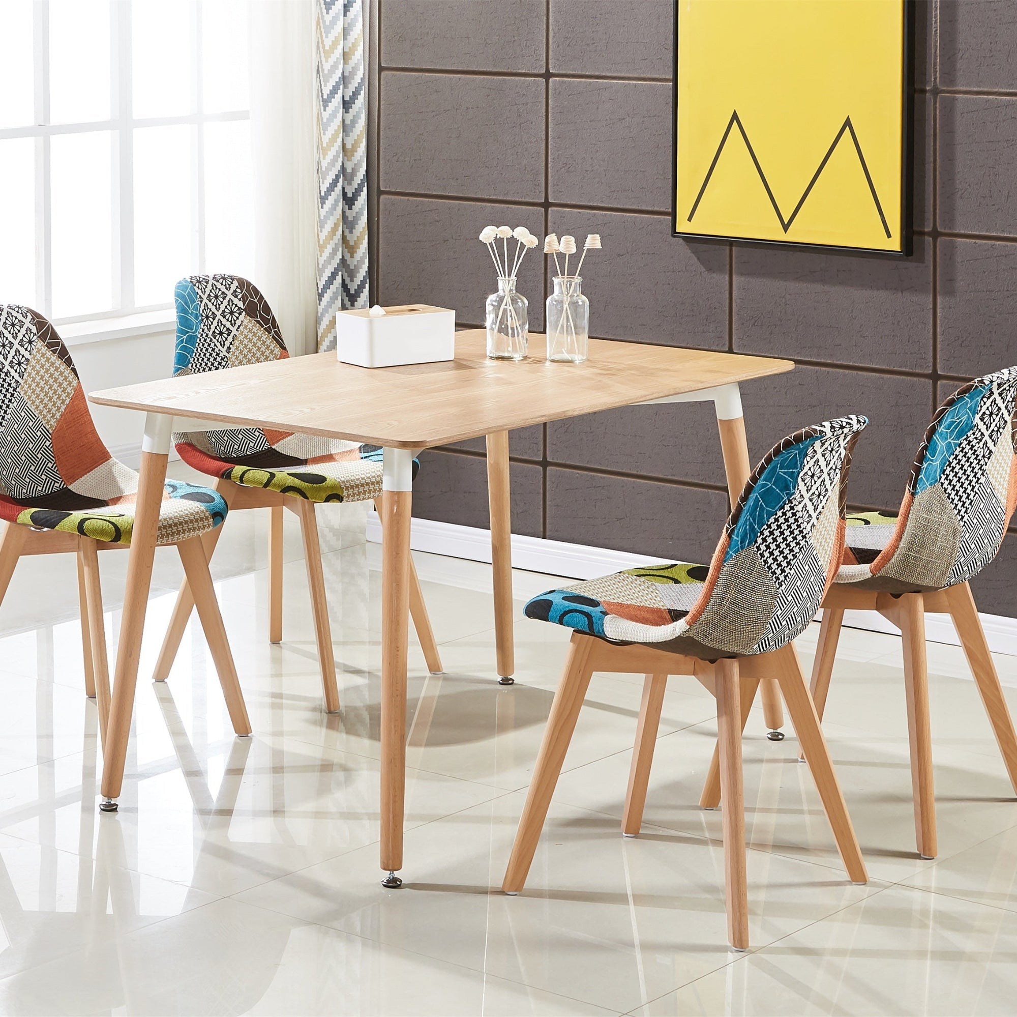 Patchwork Fabric Chair with Wooden Legs - Multicoloured - PN Home