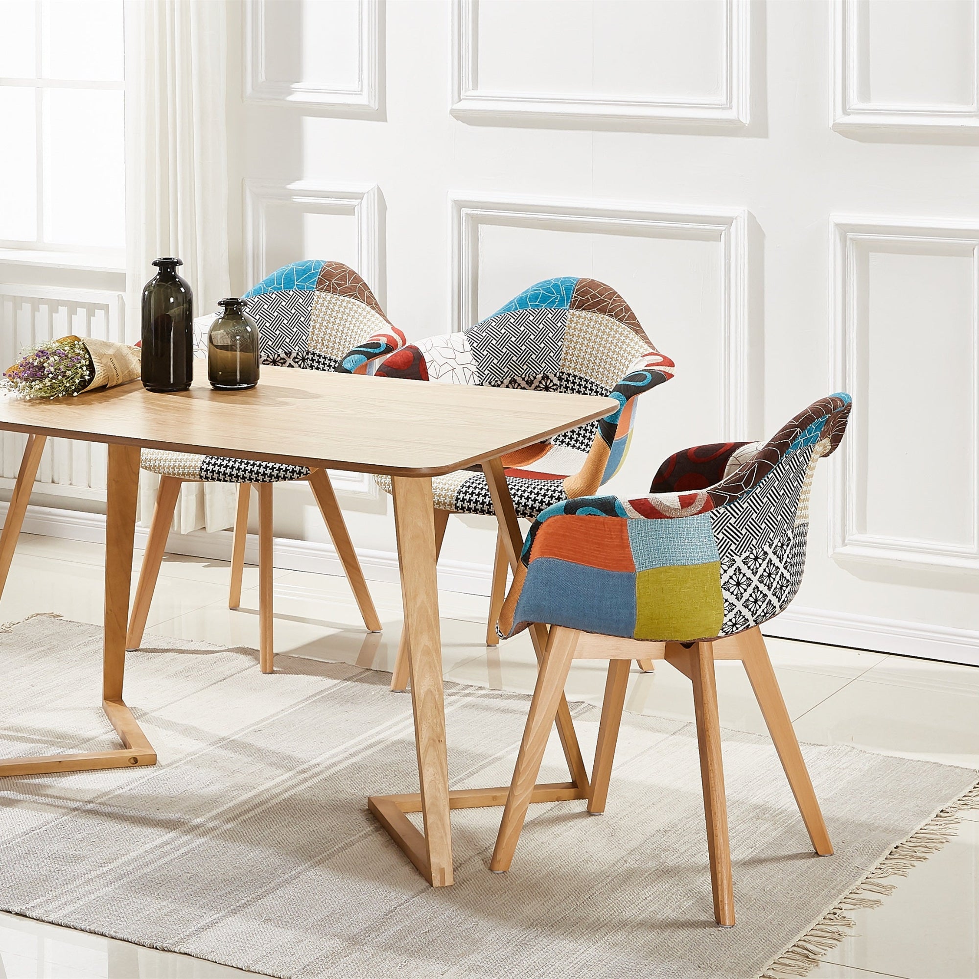Patchwork Tub Chair with Armrests – Stylish Fabric Dining Chair Multicolored - PN Home