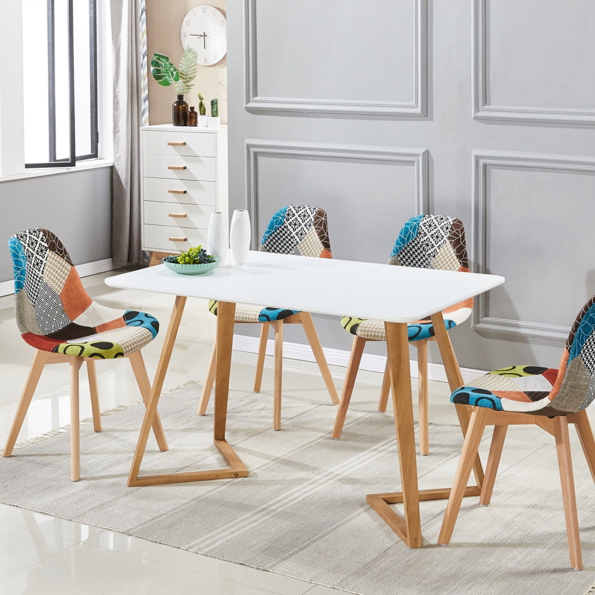 Patchwork Fabric Chair with Wooden Legs - Multicoloured - PN Home