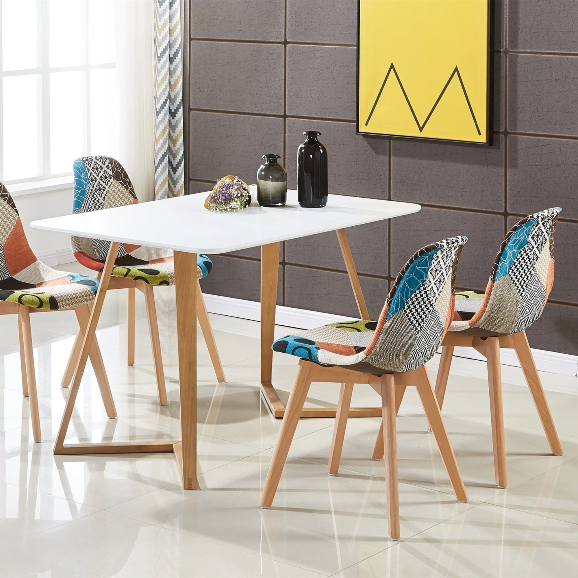 Patchwork Fabric Chair with Wooden Legs - Multicoloured - PN Home