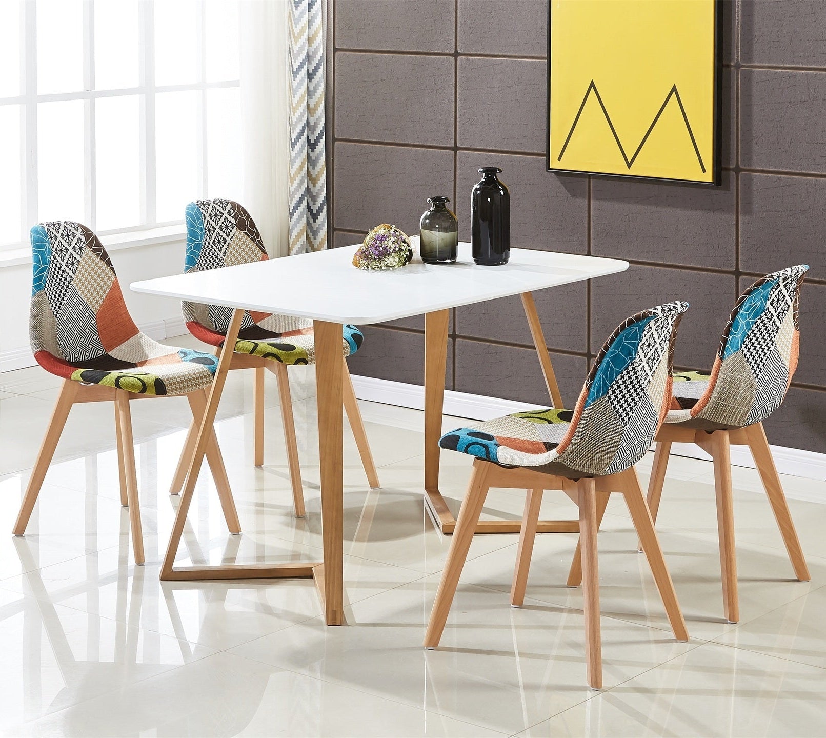 Patchwork Fabric Chair with Wooden Legs - Multicoloured - PN Home