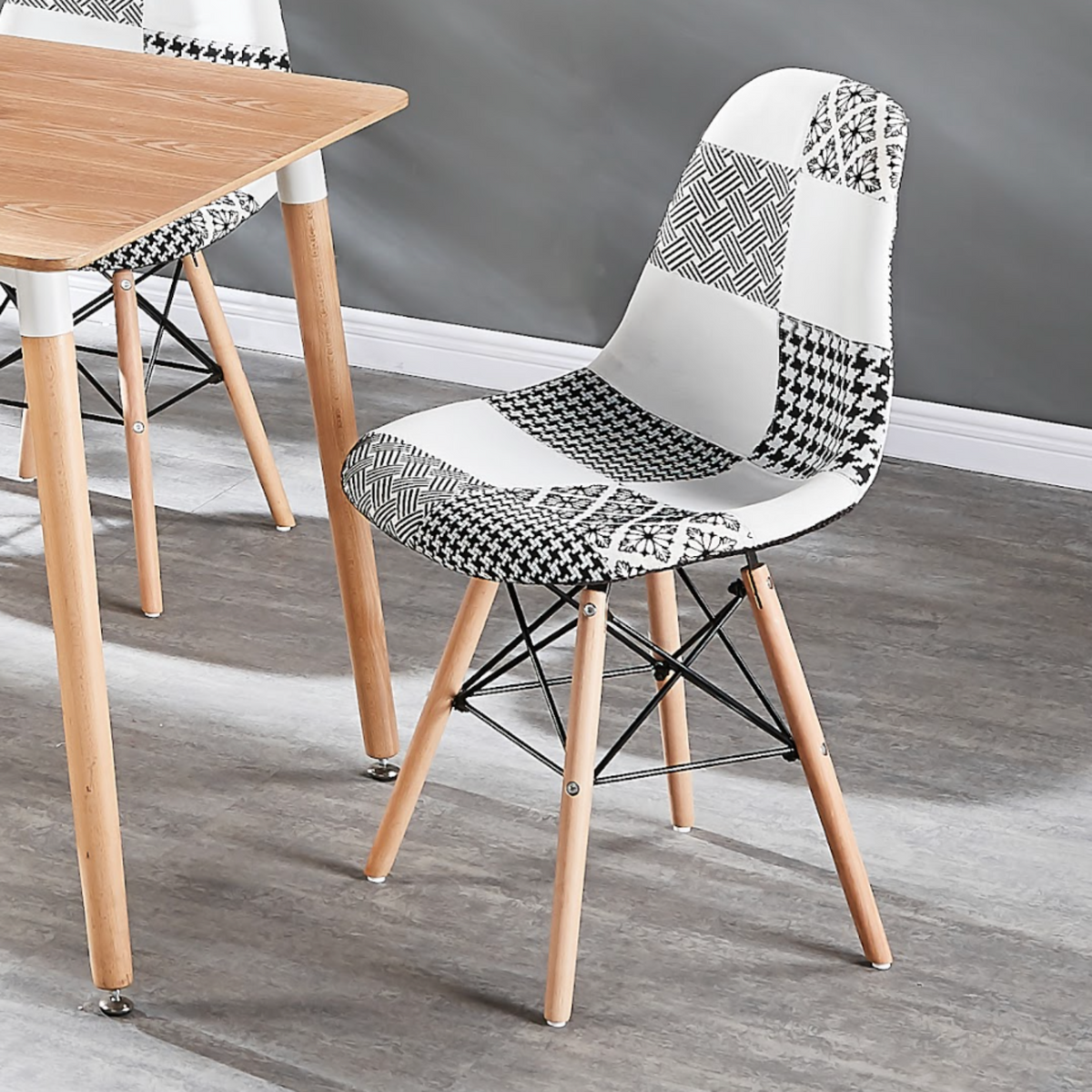 Black White Patchwork Modern Dining Chair Wooden Legs & Metal Wire Frame