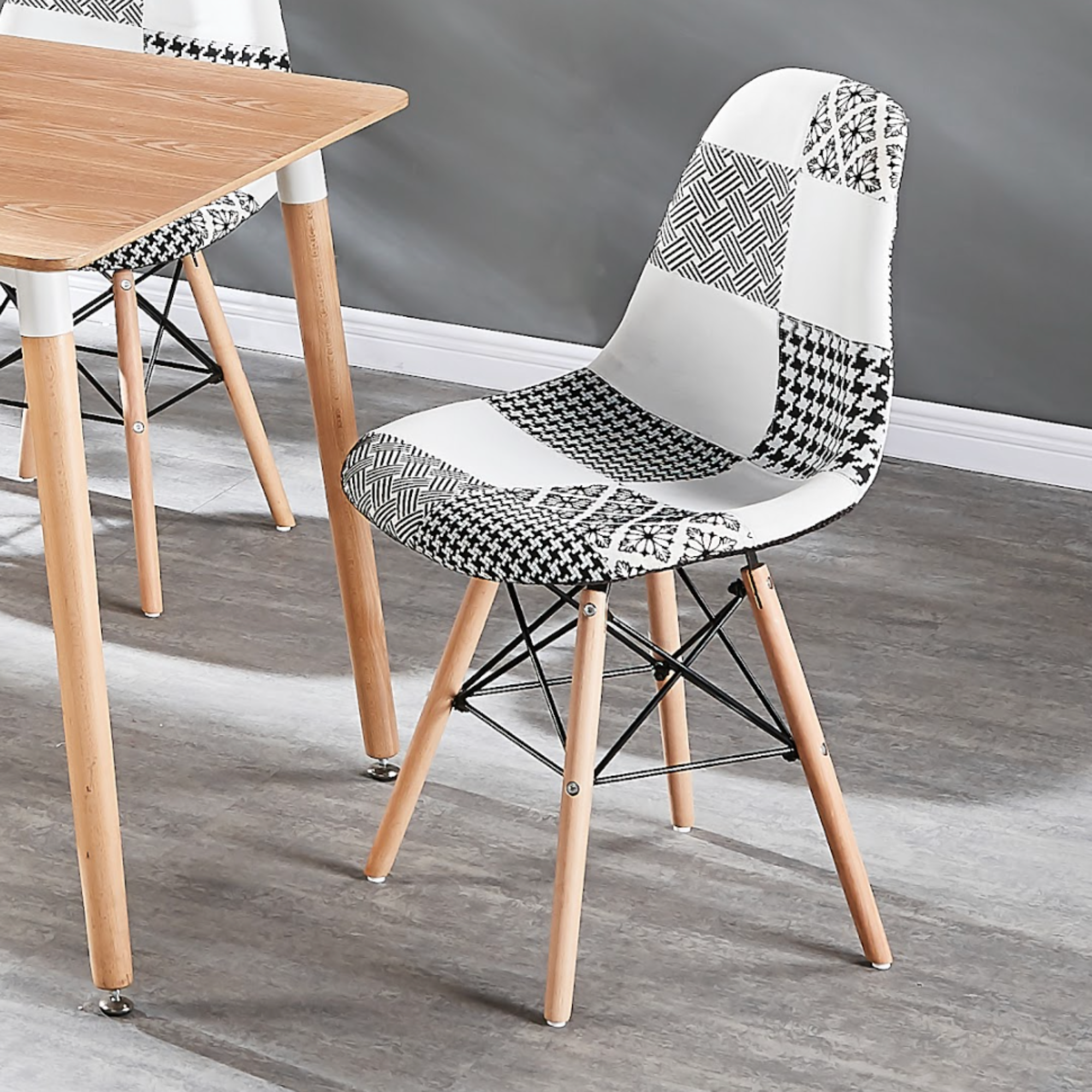 Black/White Patchwork Modern Dining Chair with Wooden Legs & Black Metal Wire Frame - PN Home