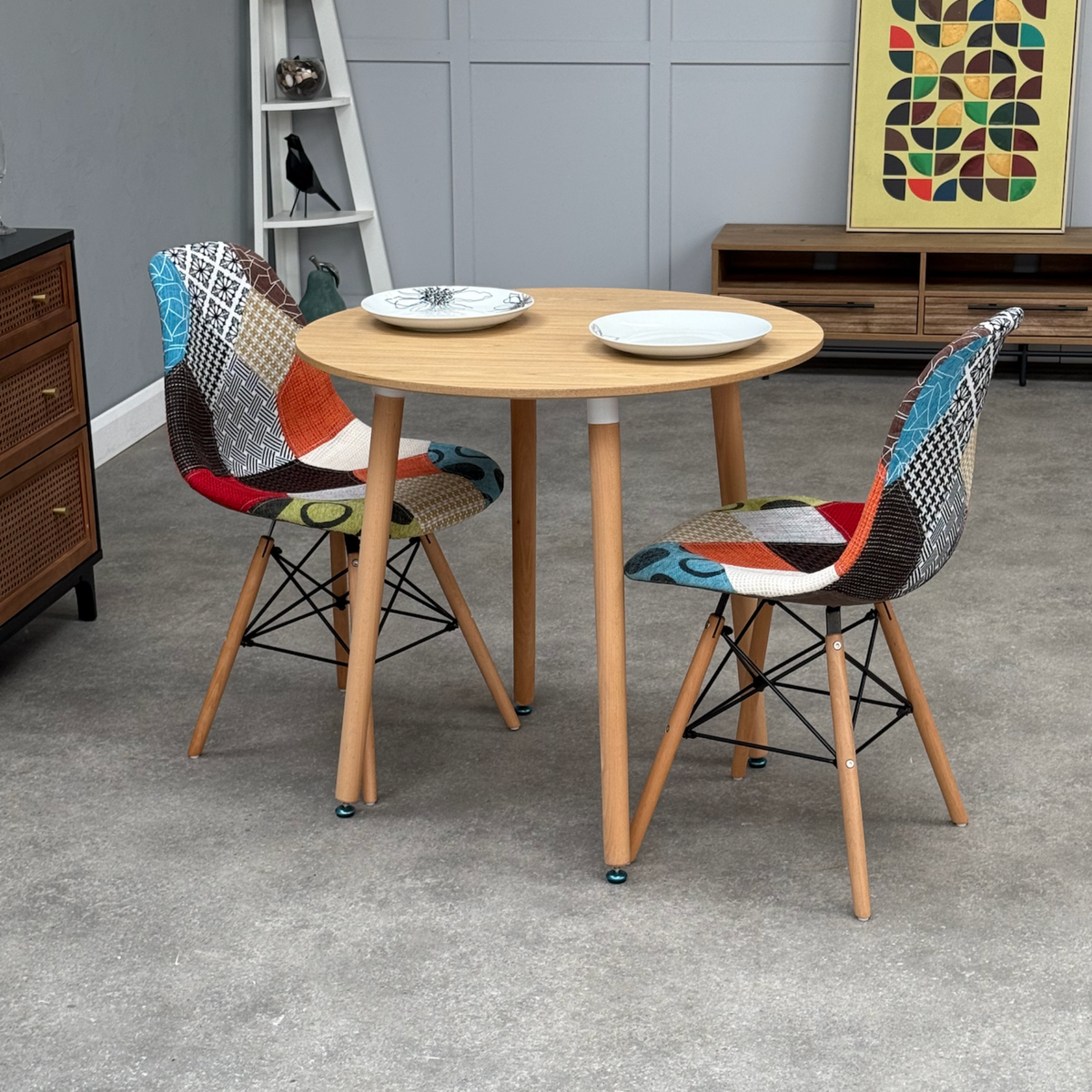 Patchwork Round Dining Table Set for 2 | Modern Compact Set