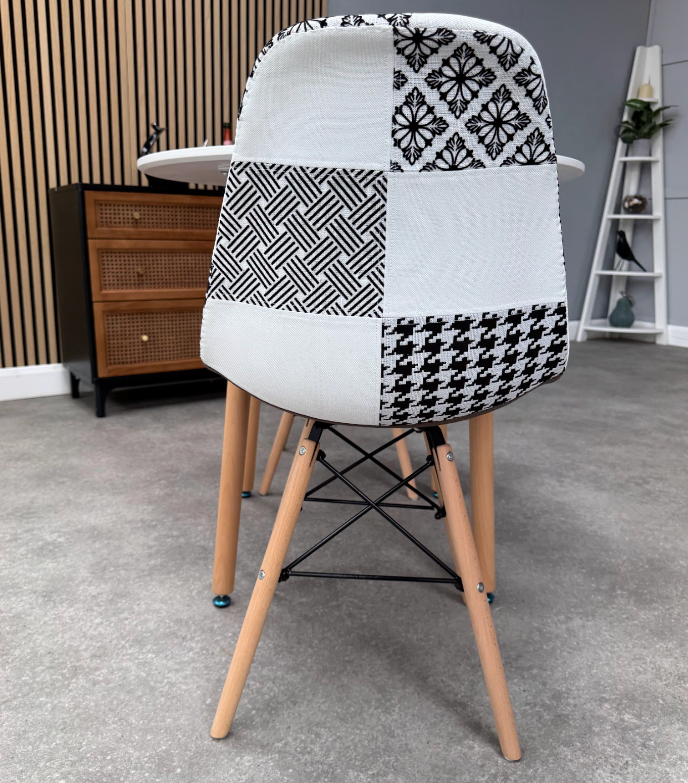 Patchwork Halo Dining Table Set - Set of 2 Black and White Patchwork Retro Tower Chairs & a Halo Dining Table - PN Home