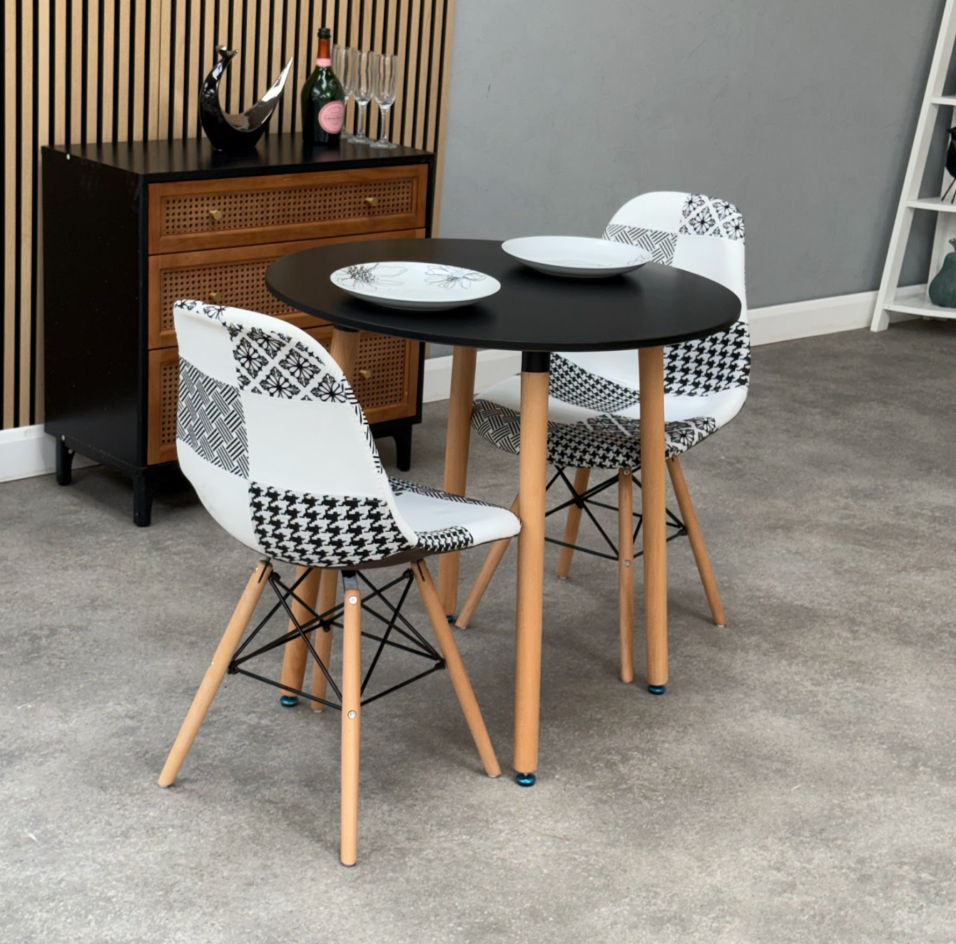 Patchwork Halo Dining Table Set - Set of 2 Black and White Patchwork Retro Tower Chairs & a Halo Dining Table - PN Home