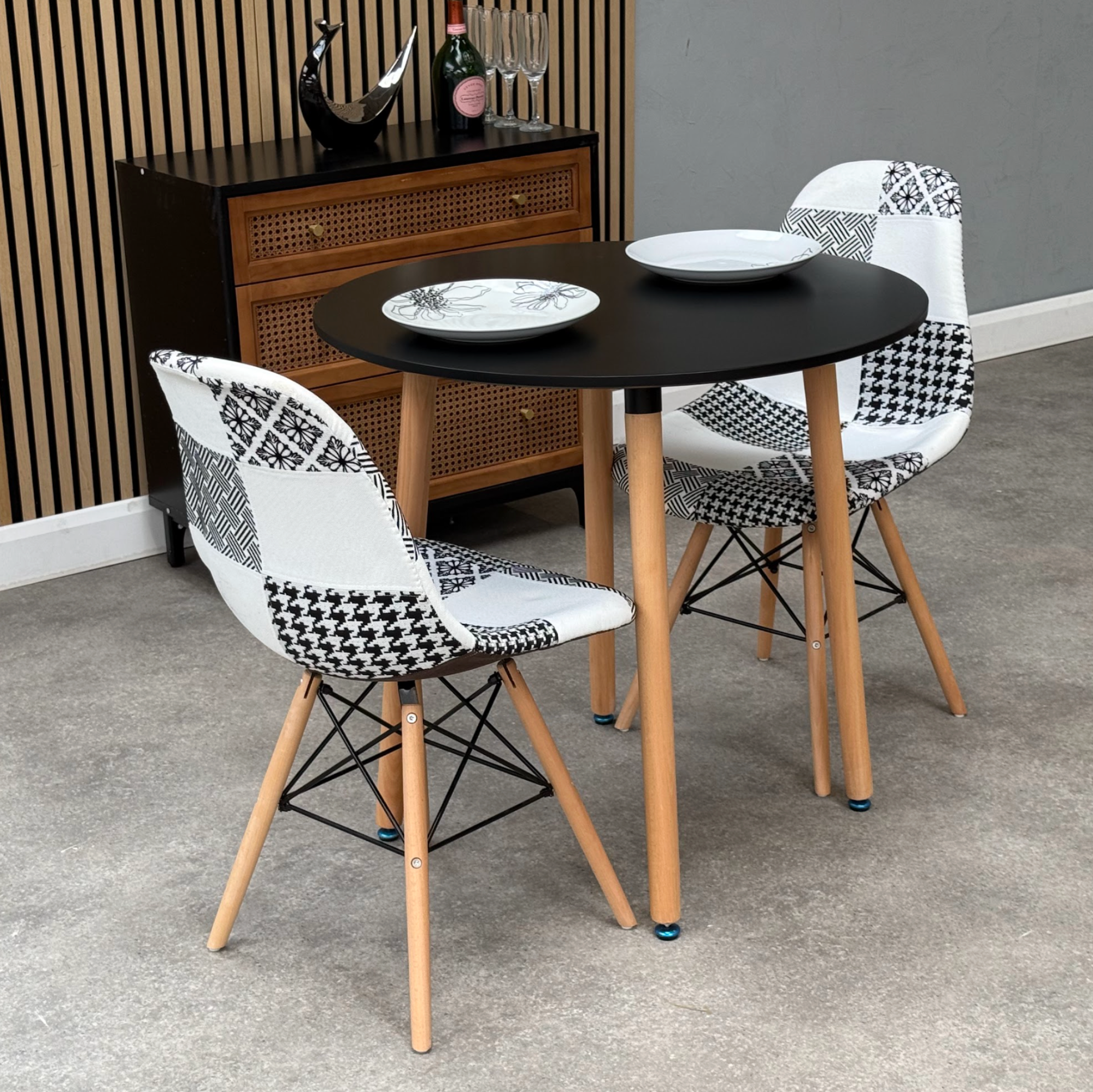 Patchwork Halo Dining Table Set - Set of 2 Black and White Patchwork Retro Tower Chairs & a Halo Dining Table - PN Home