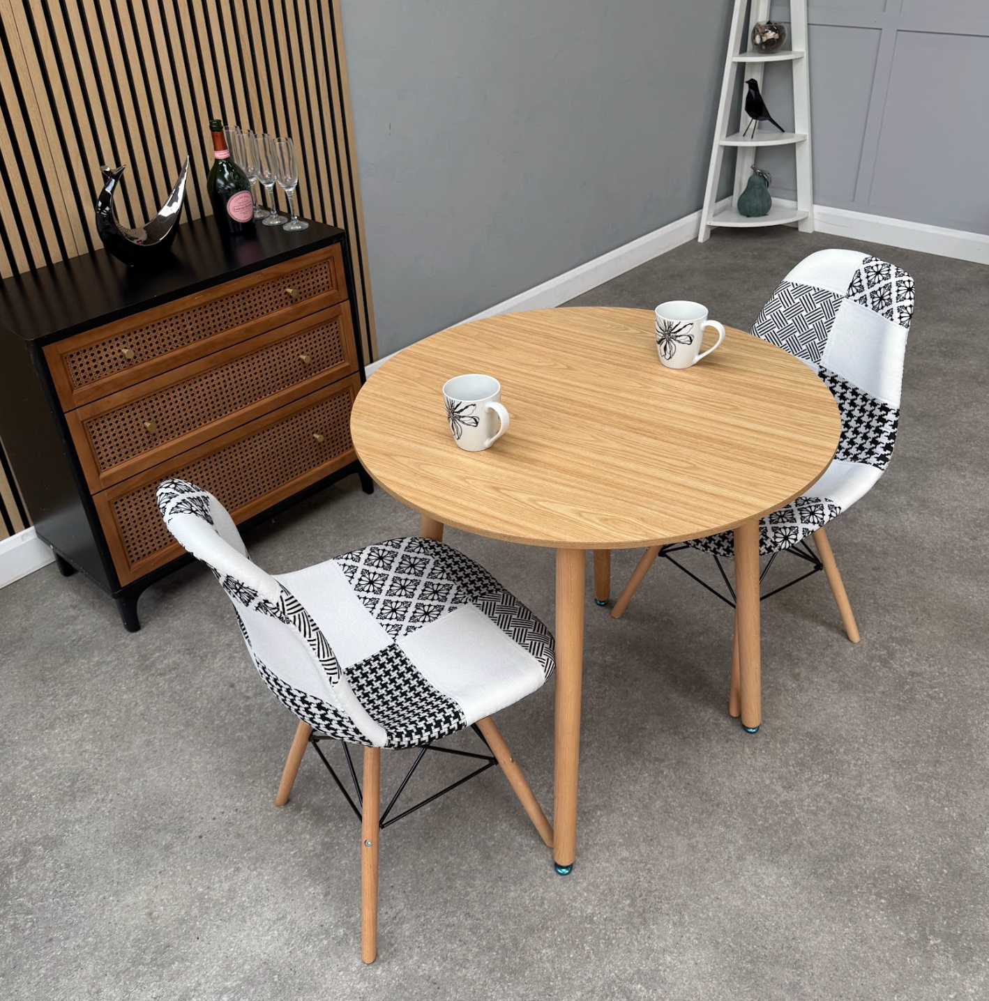 Patchwork Halo Dining Table Set - Set of 2 Black and White Patchwork Retro Tower Chairs & a Halo Dining Table - PN Home