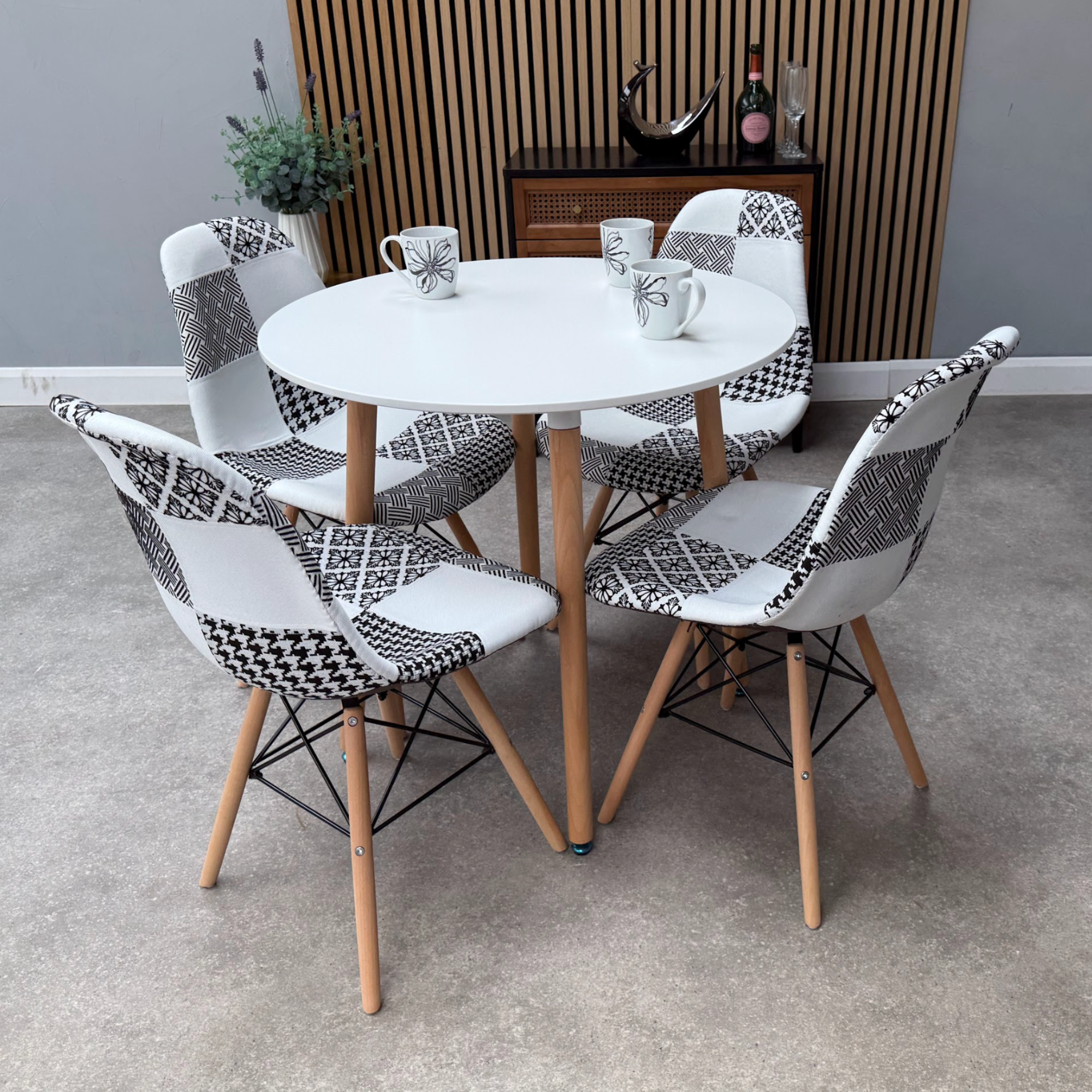 Patchwork Halo Dining Table Set - Set of 4  Black and White Patchwork Tower Chairs & a Halo Dining Table - PN Home