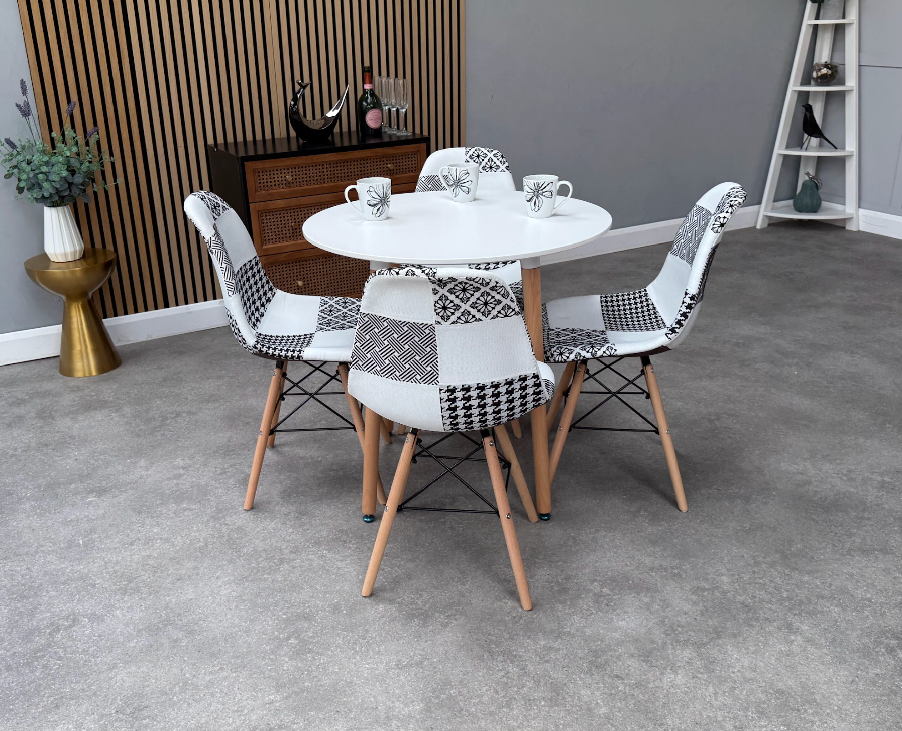 Patchwork Halo Dining Table Set - Set of 4  Black and White Patchwork Tower Chairs & a Halo Dining Table - PN Home