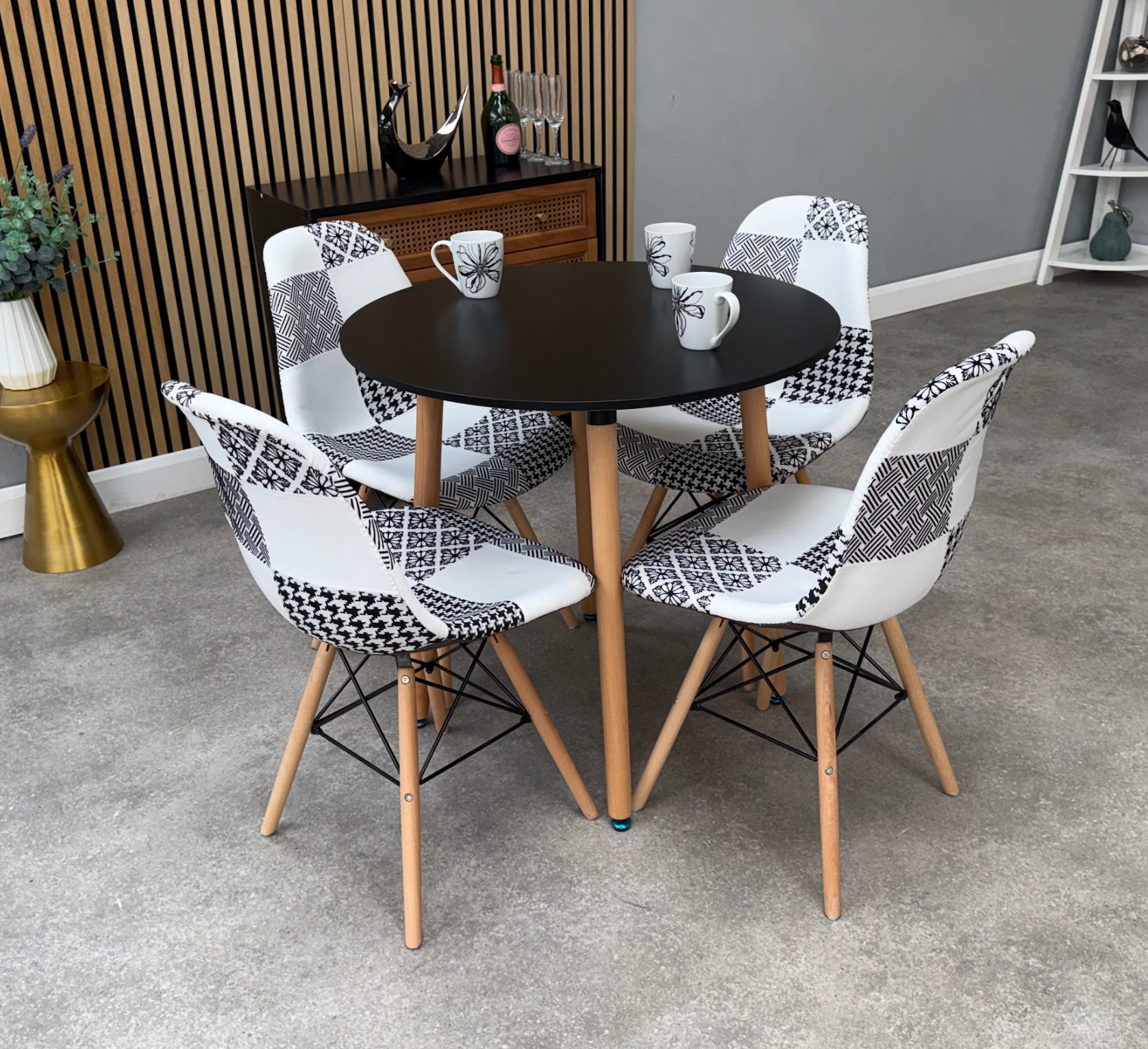 Patchwork Halo Dining Table Set - Set of 4  Black and White Patchwork Tower Chairs & a Halo Dining Table - PN Home