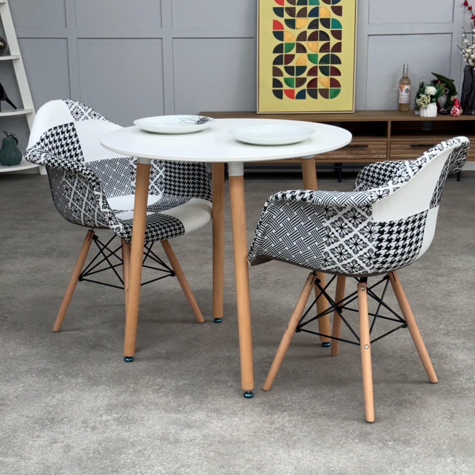 Patchwork Halo Dining Table Set - Set of 2 Black and White Patchwork Retro Tower Armchairs & a Halo Dining Table - PN Home