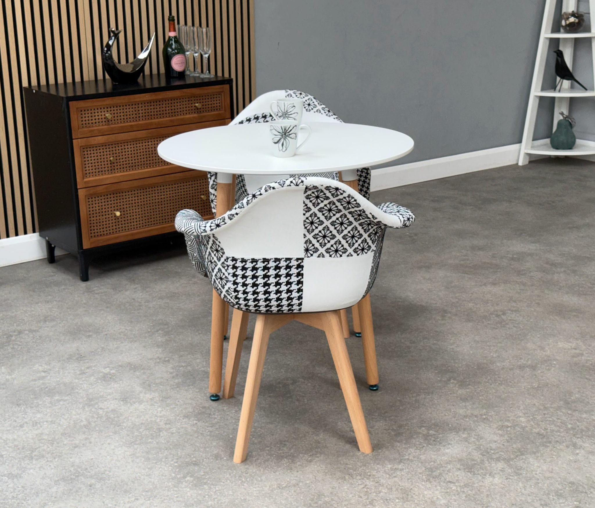 Patchwork Halo Dining Table Set - Set of 2 Black and White Patchwork Retro Armchairs & a Halo Dining Table (Copy) - PN Home