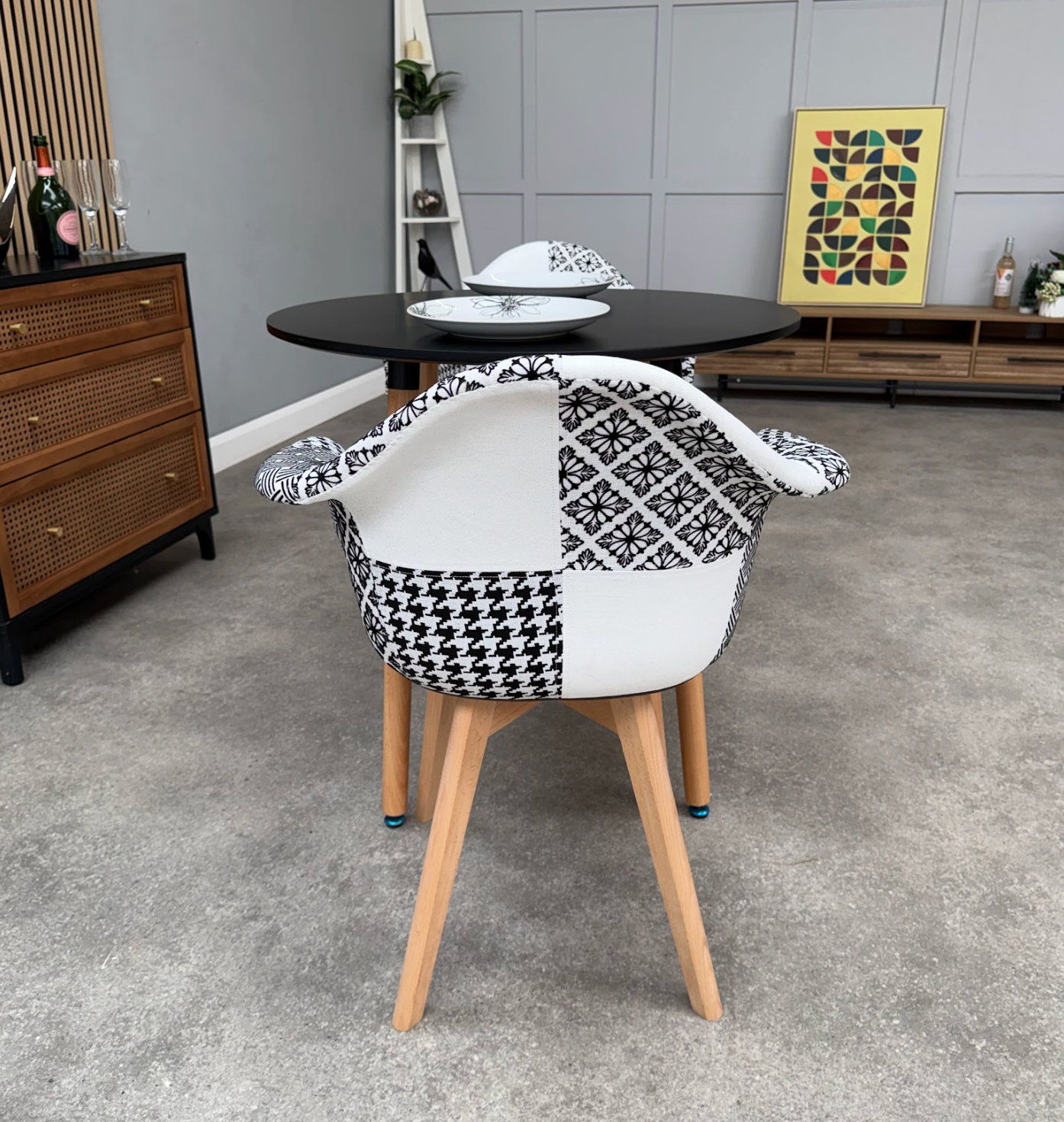Patchwork Halo Dining Table Set - Set of 2 Black and White Patchwork Retro Armchairs & a Halo Dining Table (Copy) - PN Home