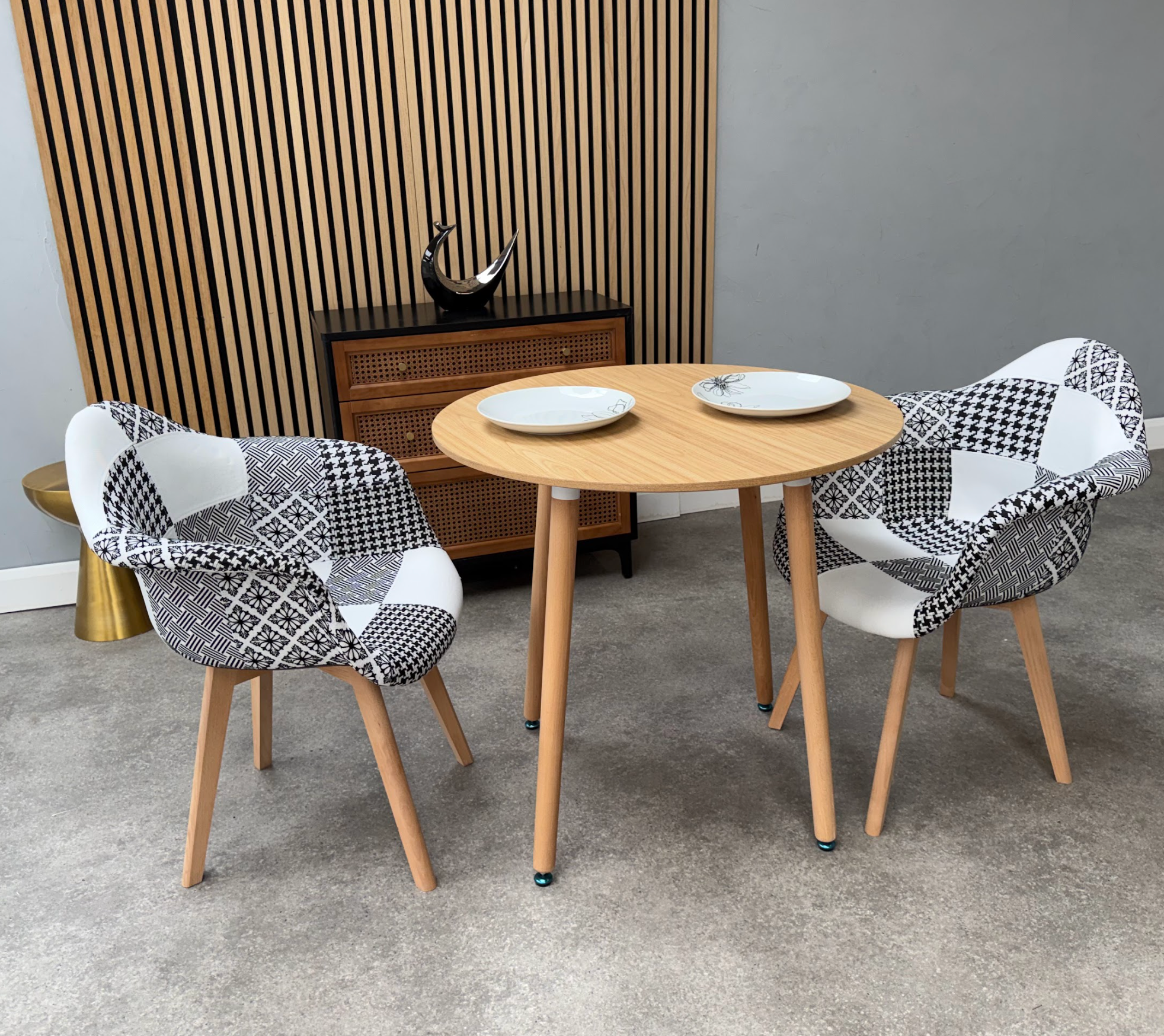 Patchwork Halo Dining Table Set - Set of 2 Black and White Patchwork Retro Armchairs & a Halo Dining Table (Copy) - PN Home