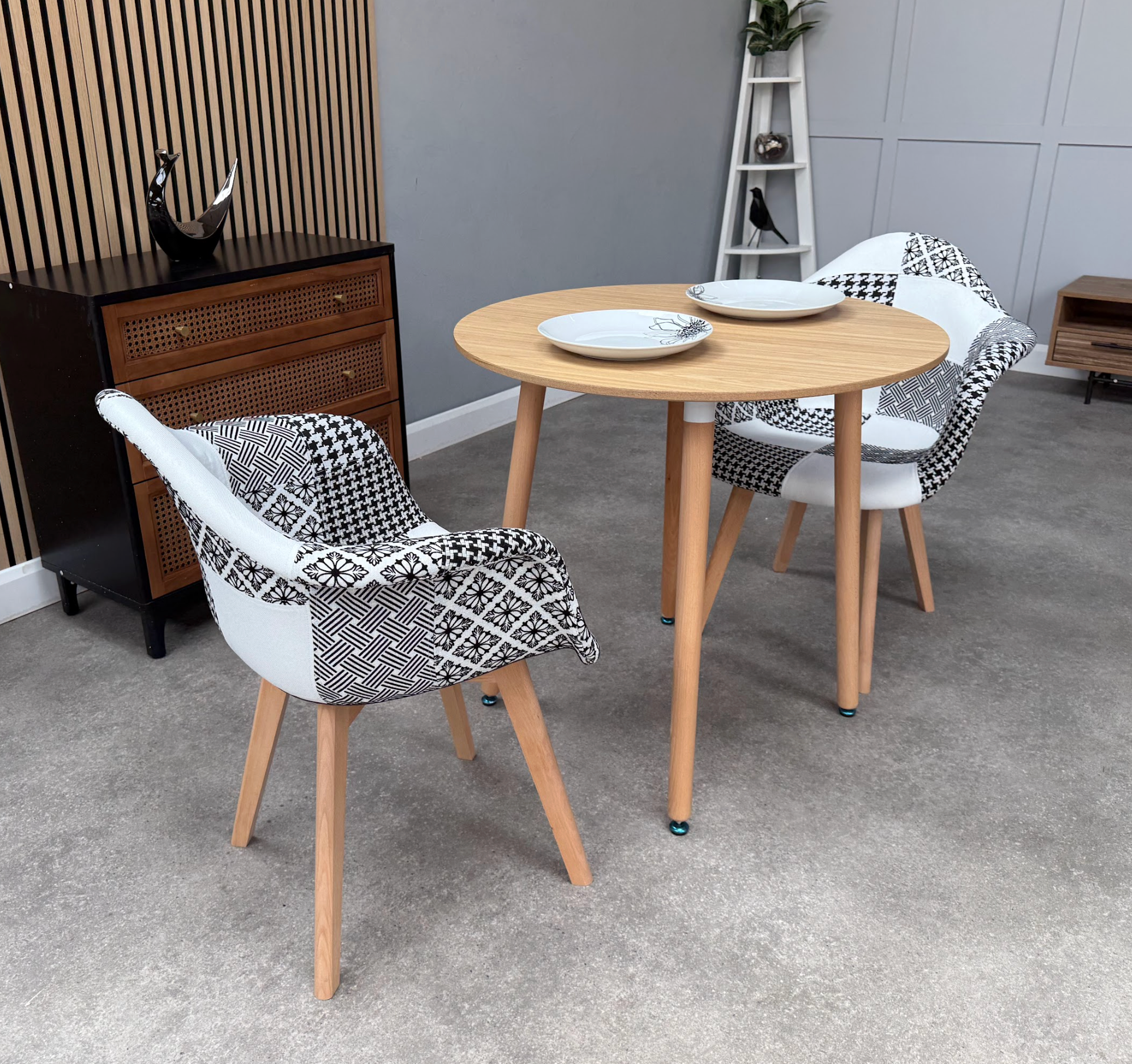 Patchwork Halo Dining Table Set - Set of 2 Black and White Patchwork Retro Armchairs & a Halo Dining Table (Copy) - PN Home