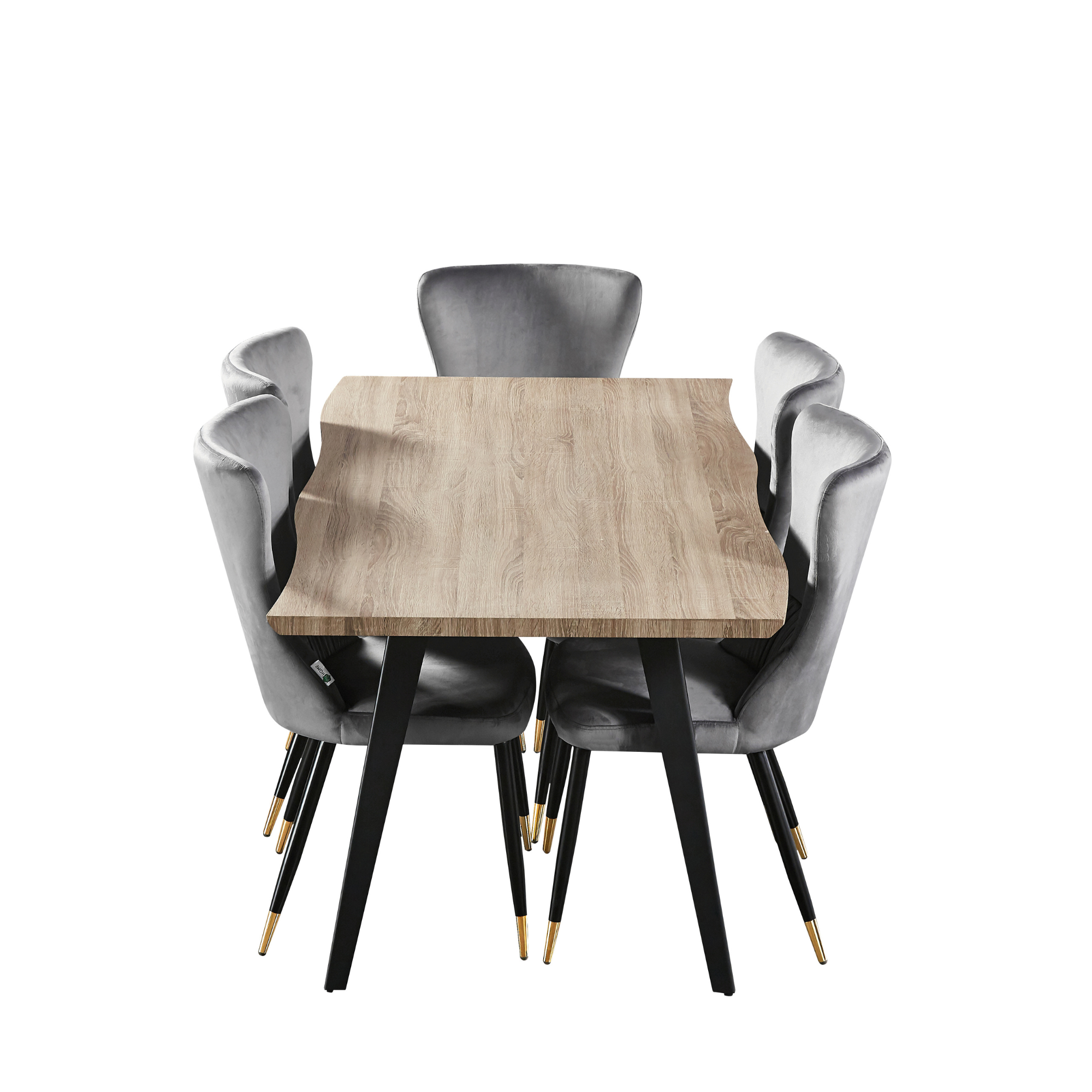 7 Pieces New York Rocco Dining Set - a Walnut Rectangular Dining Table and Set of 6 Green Dining Chairs