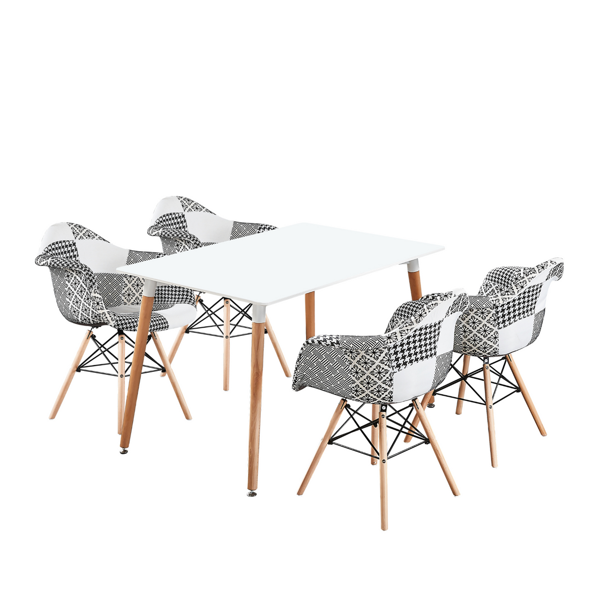 5 Piece Halo Dining Set Table & 4 Black White Patchwork Armchairs