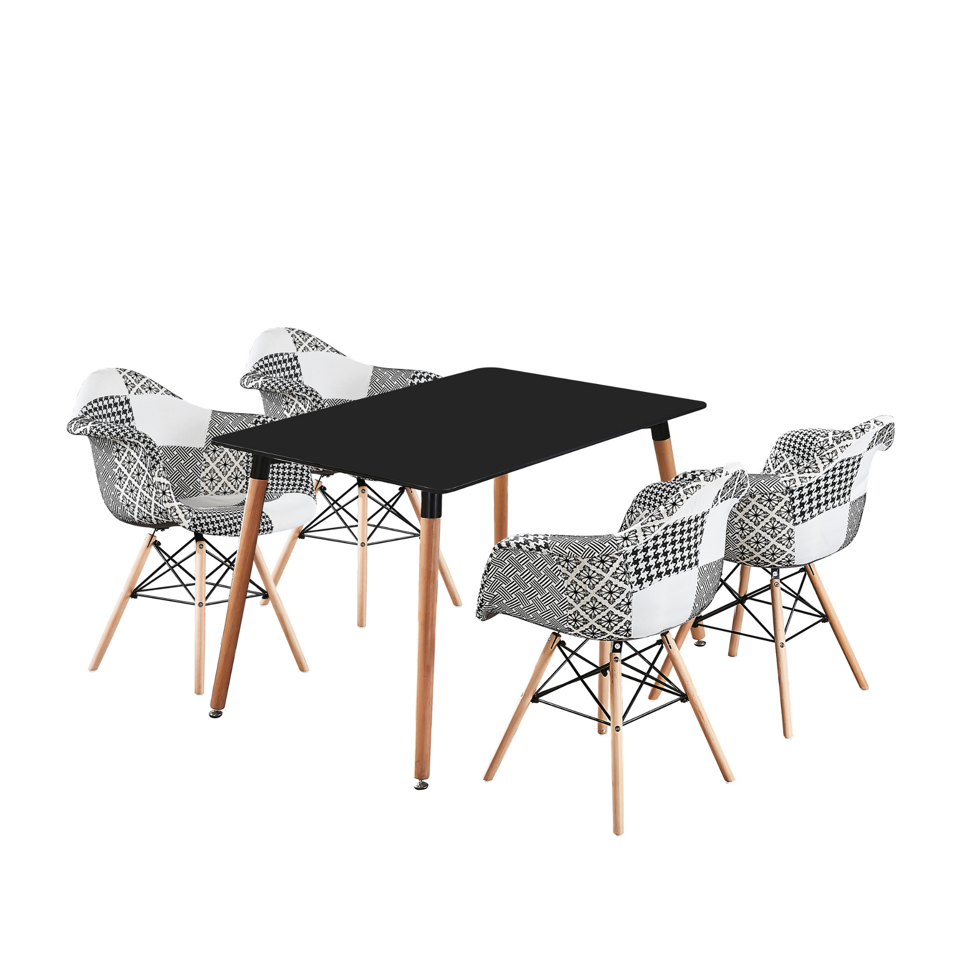 5PCs Dining Set Halo Dining Table & Set 4 Black White Patchwork Accent Chairs