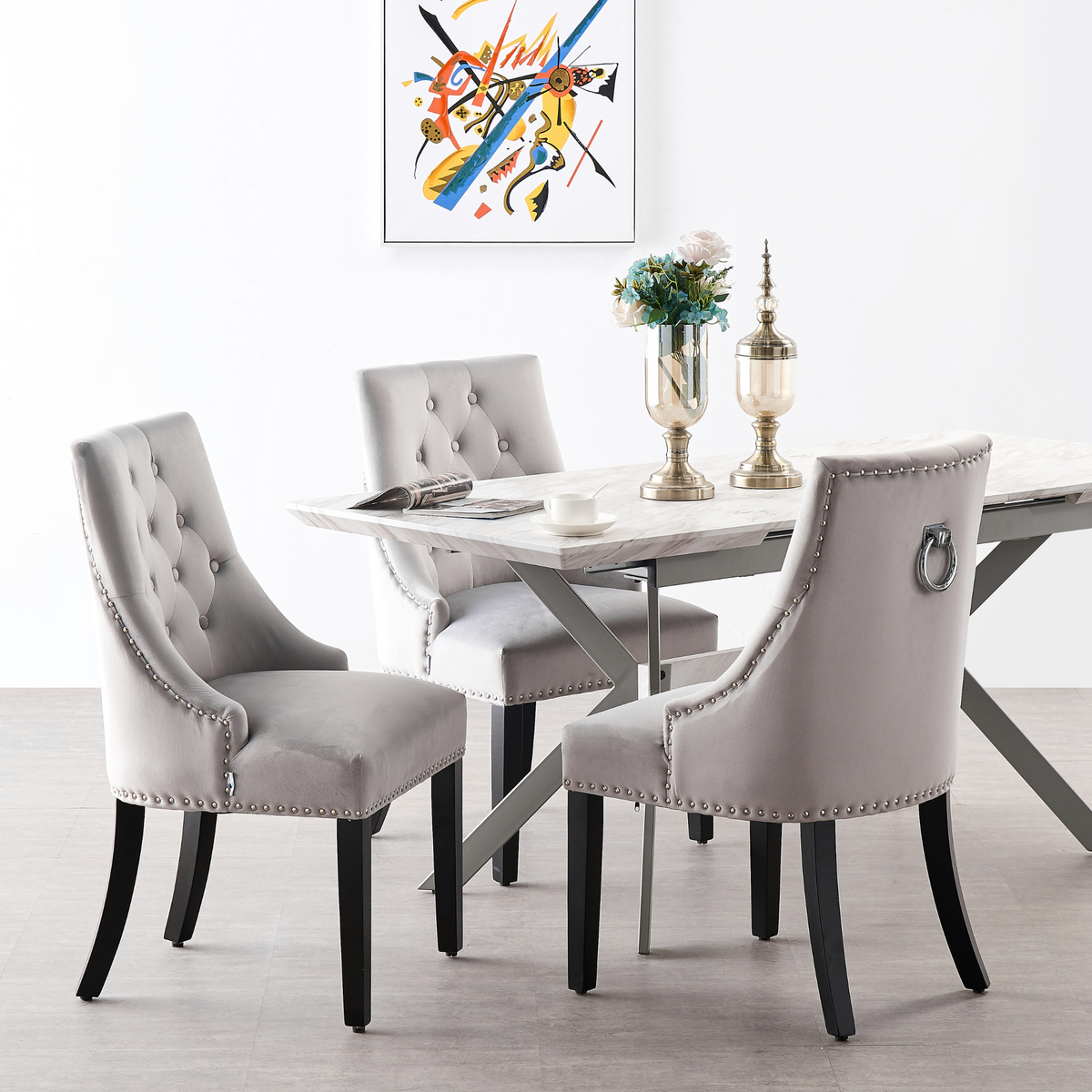 5PCs Dining Set White Blaze LUX Extendable Table & Set 4 Light Grey Windsor Chair