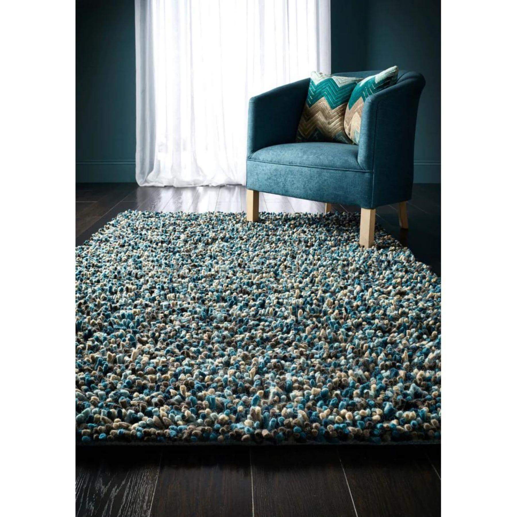 Rocks Blue Shaggy Pile Wool Rug - PN Home