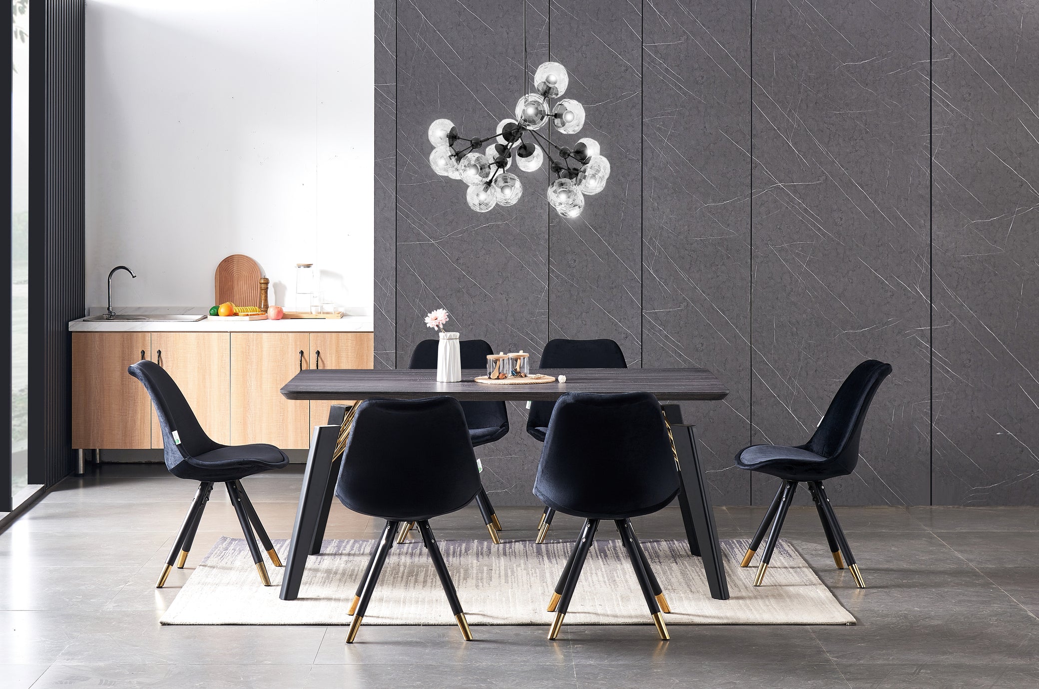 Sofia Cosmo Black LUX Dining Set with 6 Velvet Chairs