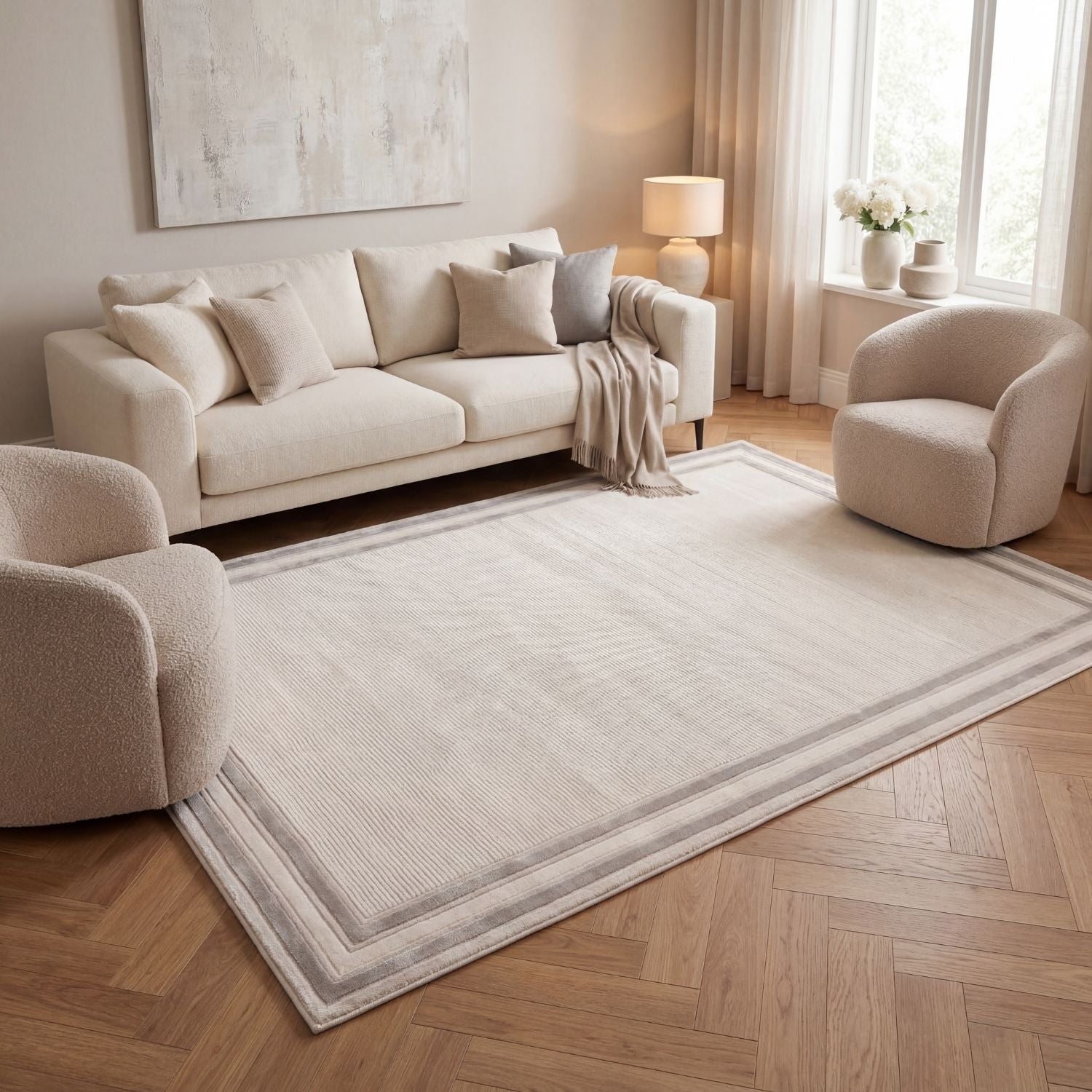 Carmel Cream-Grey Bordered Rug | 6060 - PN Home