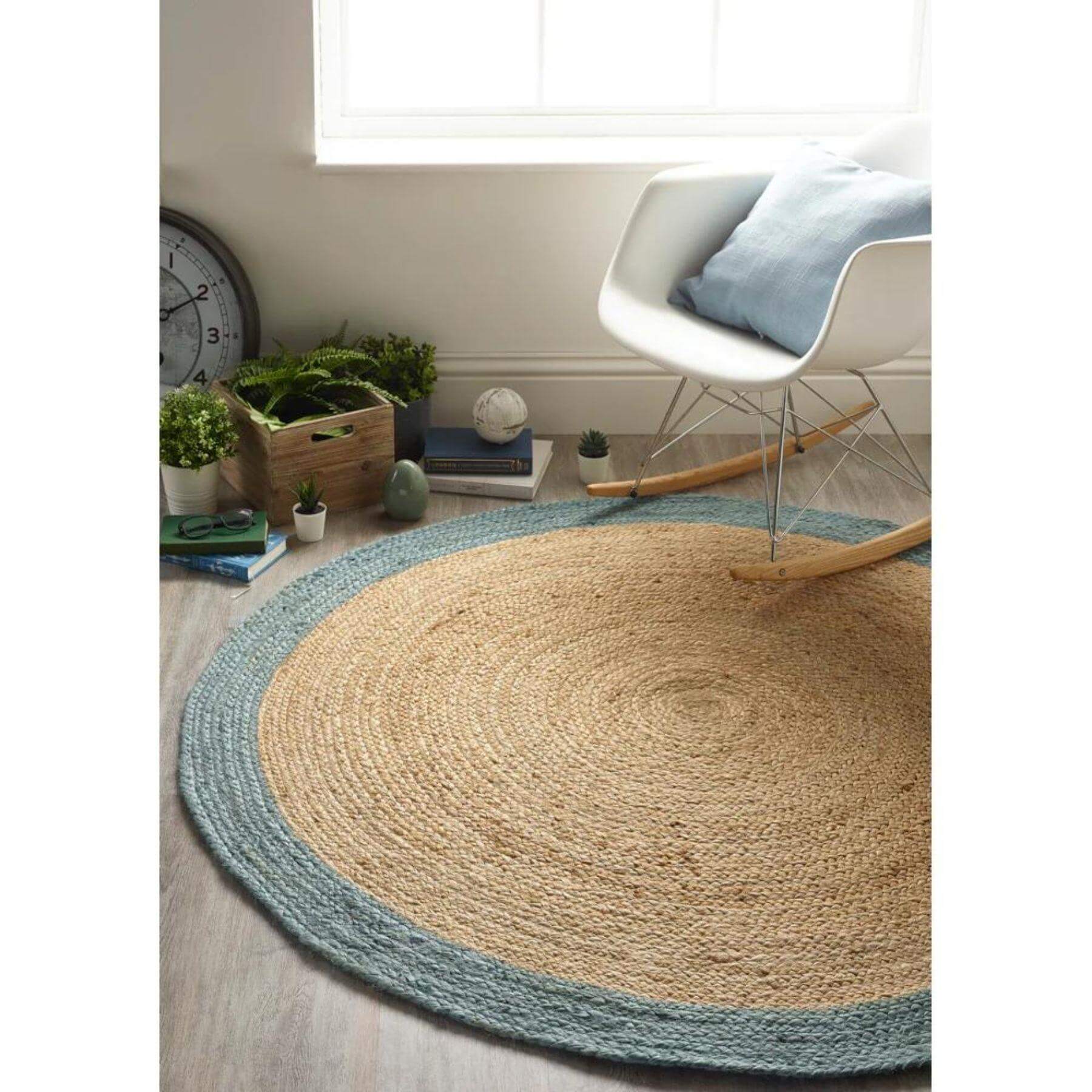 Bordered Duck Egg Blue Jute Rug - PN Home