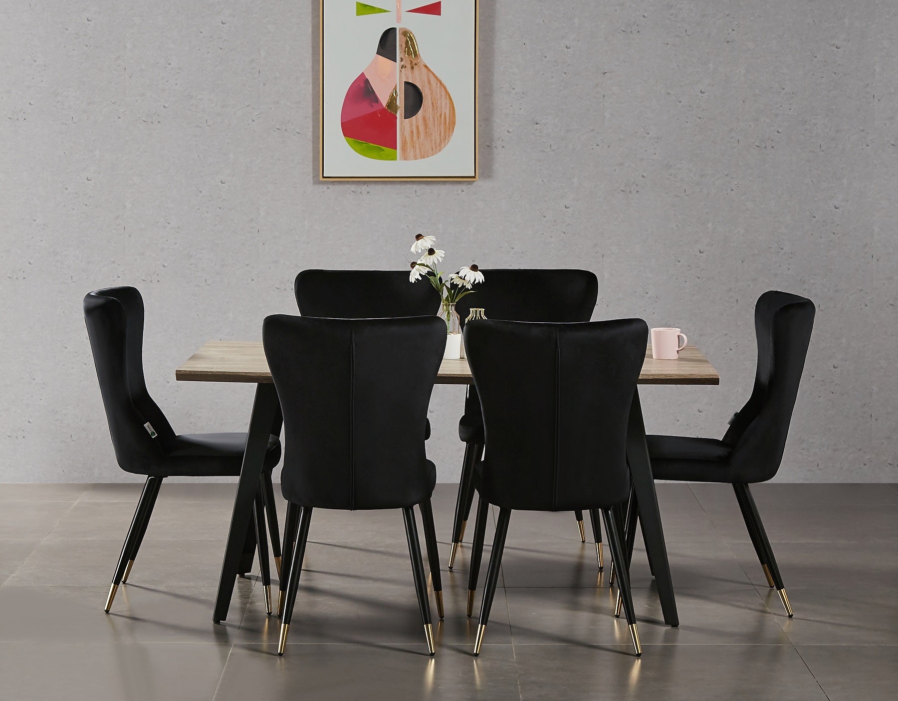 7 Pieces New York Rocco Dining Set - a Walnut Rectangular Dining Table and Set of 6 Green Dining Chairs