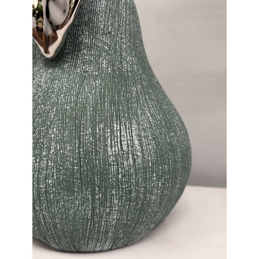 Hand Cast Ceramic Giant Pear Sculpture Textured Finish Silver Glazed Leaf
