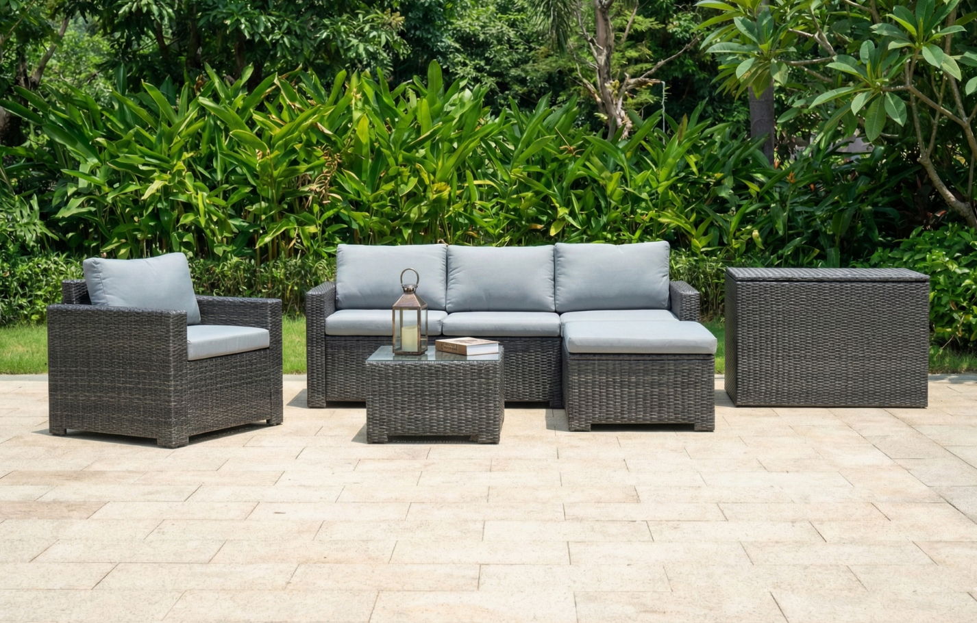 Marbella Grey 5 Seater Chaise Garden Sofa Set and Cushion Box Bundle - PN Home