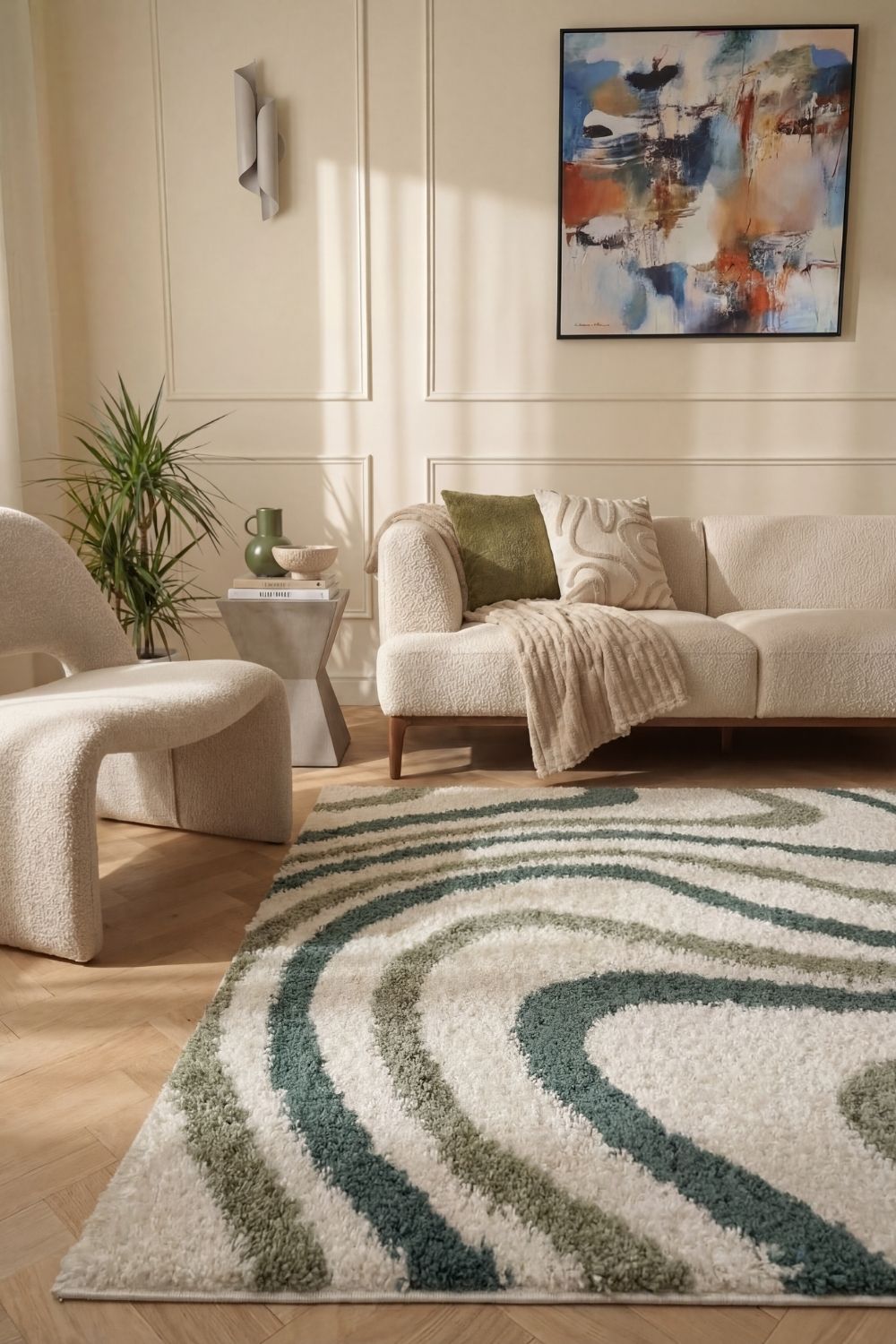 Moodi Shaggy Green Rippletide Rug - PN Home