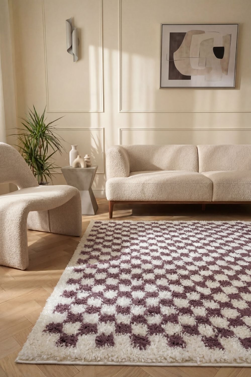 Moodi Shaggy Purple Mosscheck Rug - PN Home