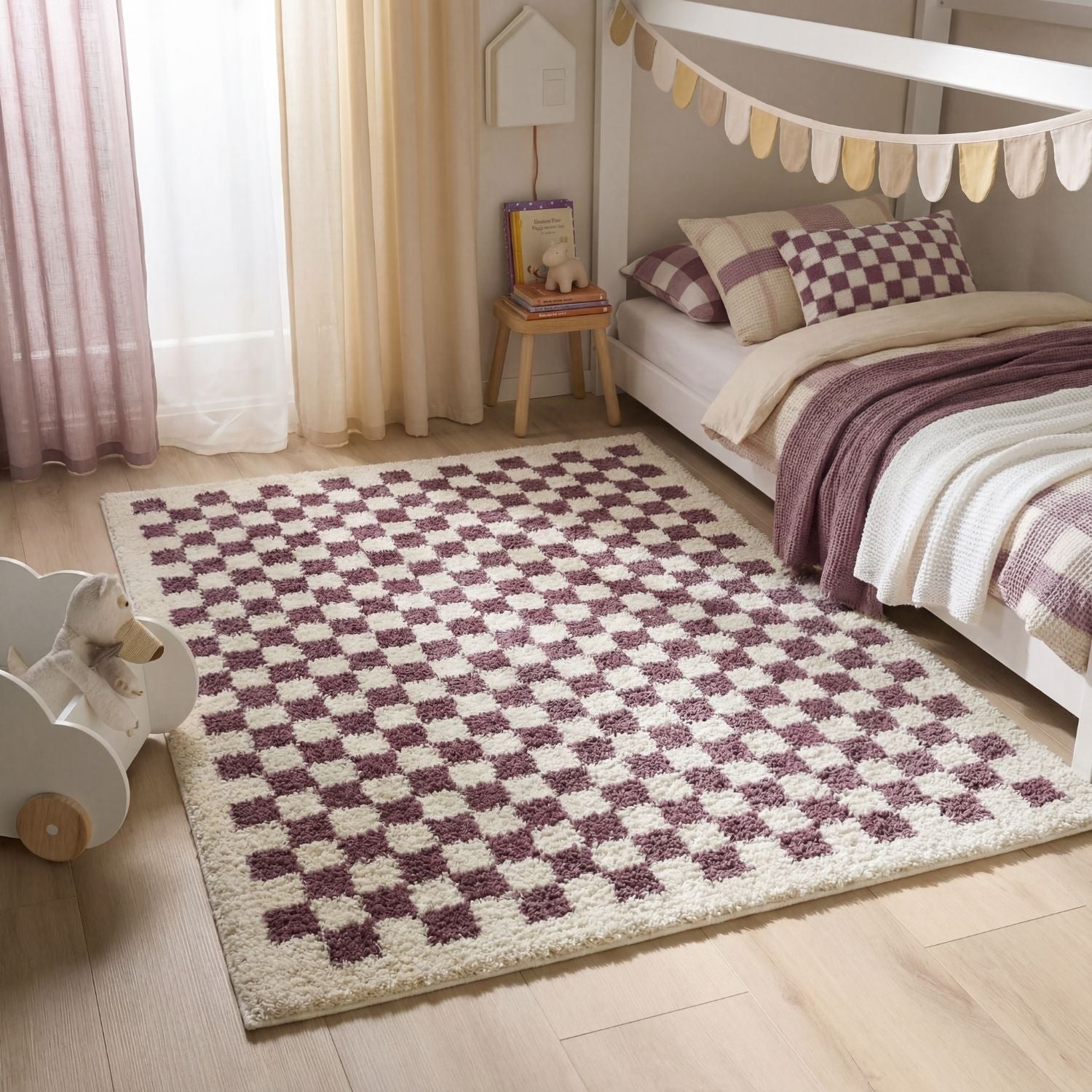 Moodi Shaggy Purple Mosscheck Rug - PN Home
