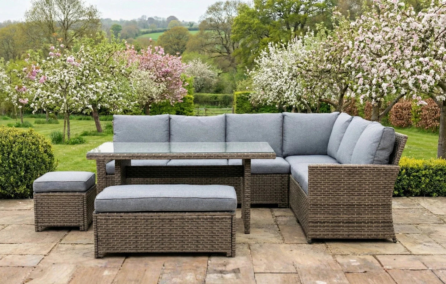 Palma Grey Corner Rattan Casual Garden Dining and Lounge Set 9 Seater - PN Home