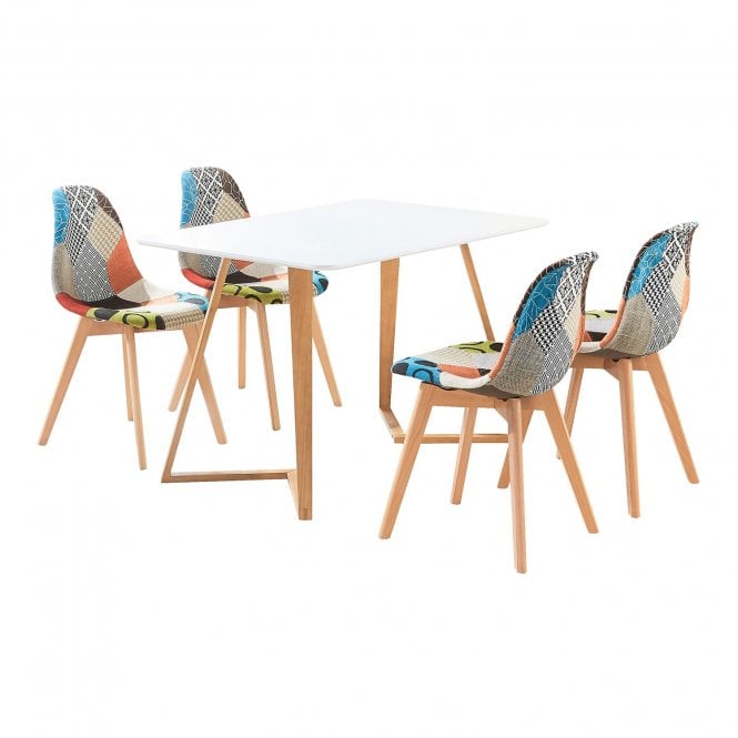 Patchwork Dallas Dining Set 4 Dining Table & 4 Patchwork Fabric Dining Chairs Scandinavian Design